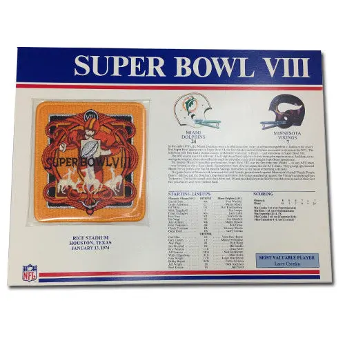 1974 NFL Super Bowl VIII Logo Willabee & Ward Patch With Header Board (Minnesota Vikings vs. Miami Dolphins)