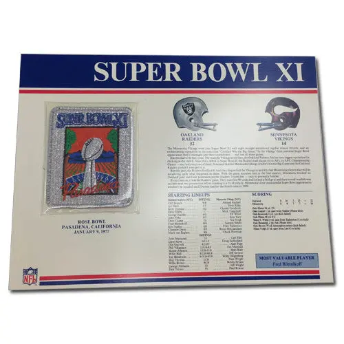 1977 NFL Super Bowl XI Logo Willabee & Ward Patch With Header Board (Oakland Raiders vs. Minnesota Vikings)
