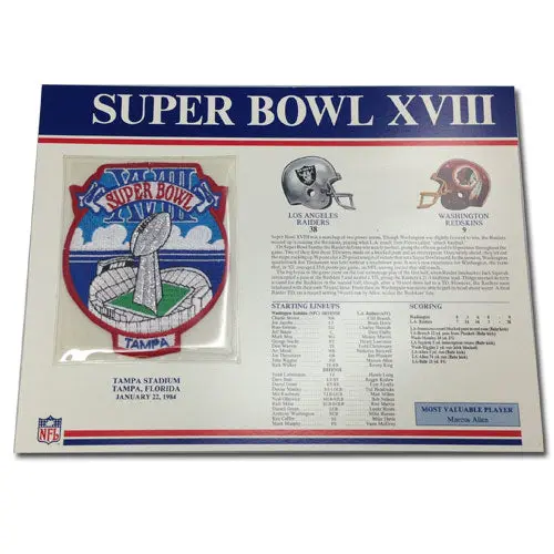 1984 NFL Super Bowl XVIII Logo Willabee & Ward Patch With Header Board (Los Angeles Raiders vs. Washington Redskins)