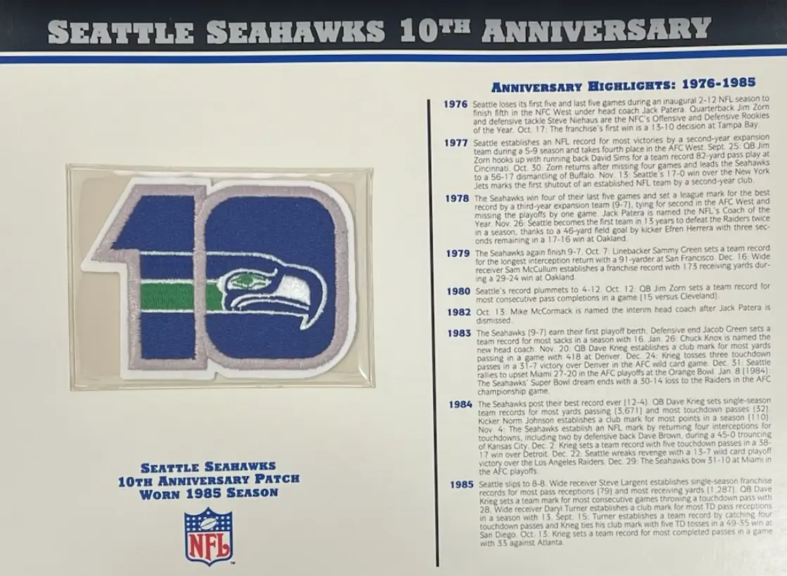 1985 Seattle Seahawks 10th Anniversary Willabee & Ward Patch With Stat Card