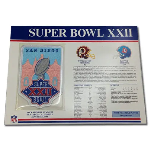 1988 NFL Super Bowl XXII Logo Willabee & Ward Patch With Header Board (Denver Broncos vs. Washington Redskins)