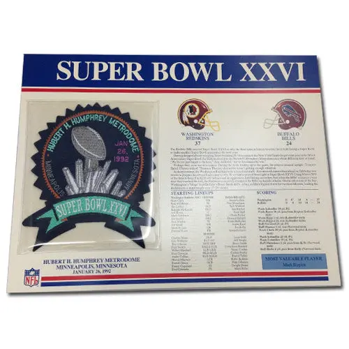 1992 NFL Super Bowl XXVI Logo Willabee & Ward Patch With Header Board (Buffalo Bills vs. Washington Redskins)