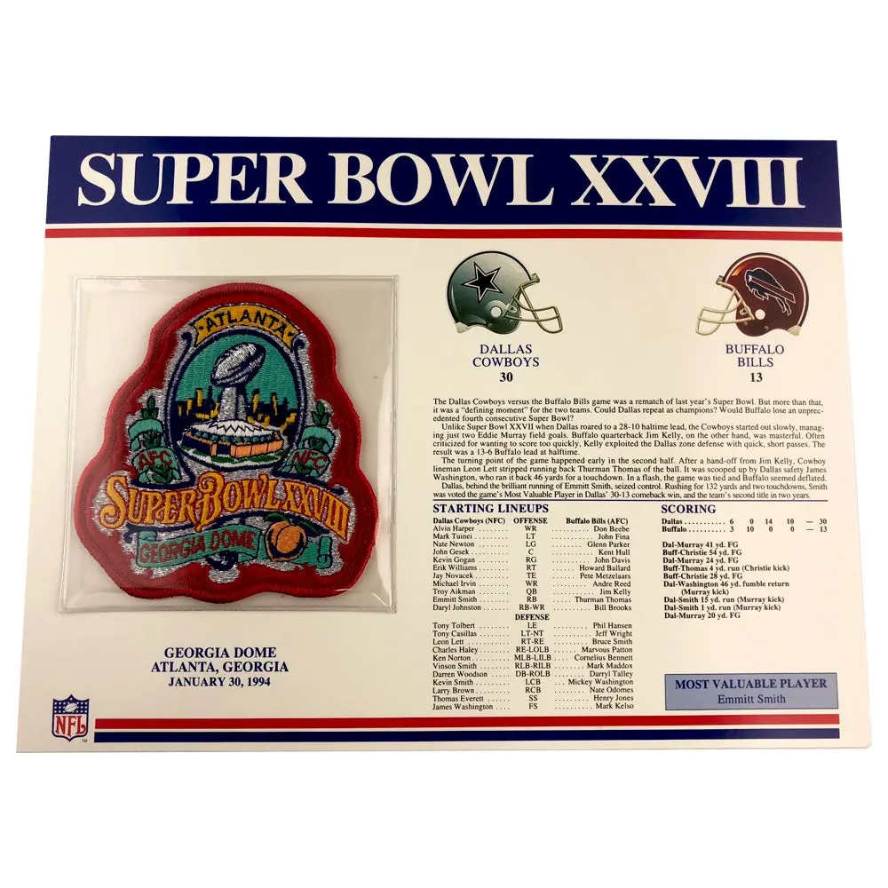 1994 NFL Super Bowl XXVIII Logo Willabee & Ward Patch (Dallas Cowboys vs. Buffalo Bills)