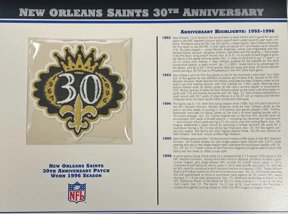 1996 New Orleans Saints 30th Anniversary Willabee & Ward Patch With Stat Card