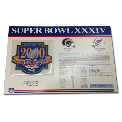 2000 NFL Super Bowl XXXIV Logo Willabee & Ward Patch With Header Board (St. Louis Rams vs. Tennessee Titans)