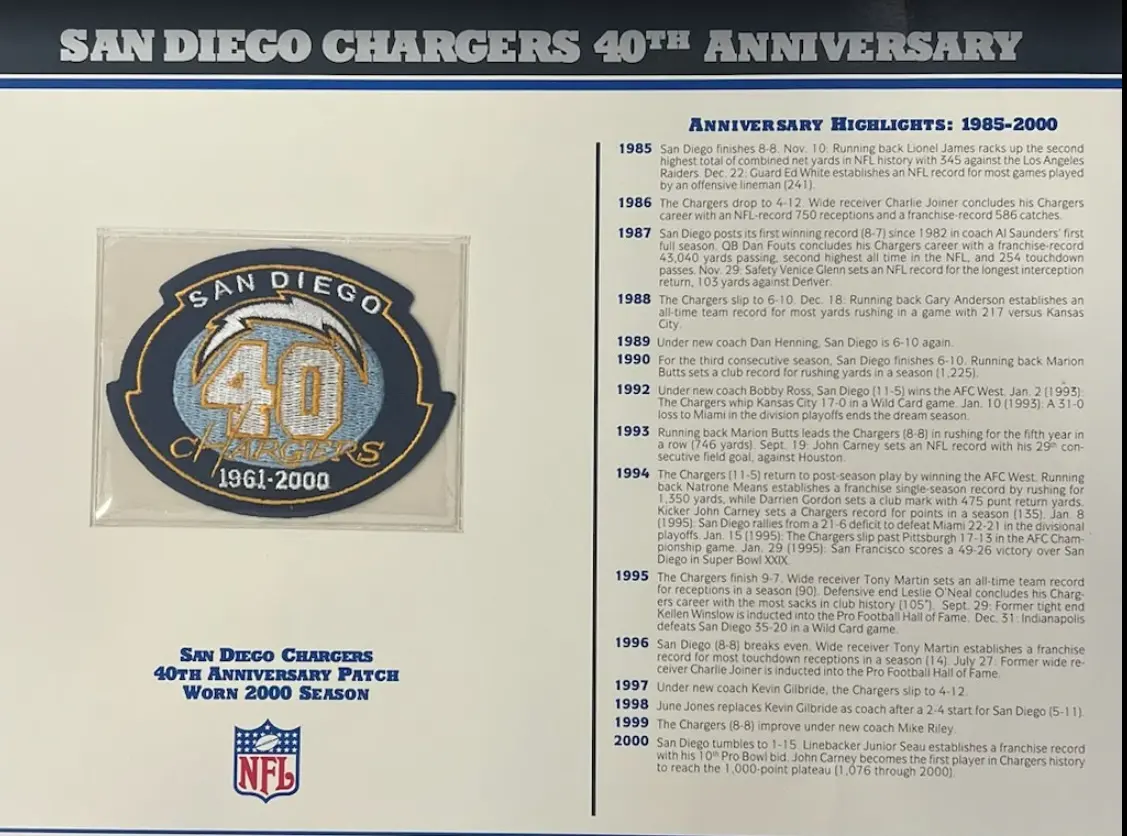 2000 San Diego Chargers 40th Anniversary Willabee & Ward Patch With Stat Card
