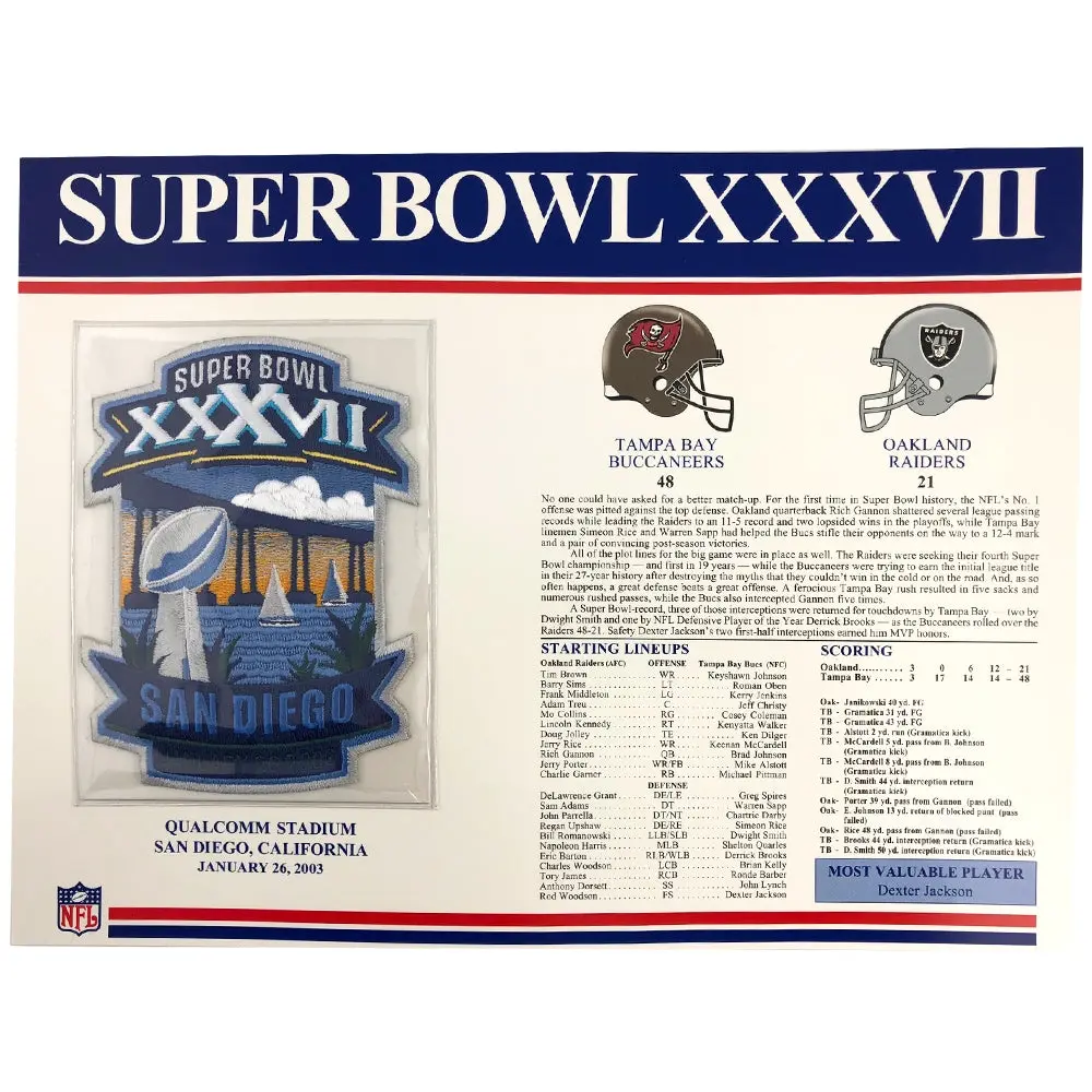 2003 NFL Super Bowl XXXVII Willabee & Ward Patch & Stat Card (Oakland Raiders vs. Tampa Bay Buccaneers)