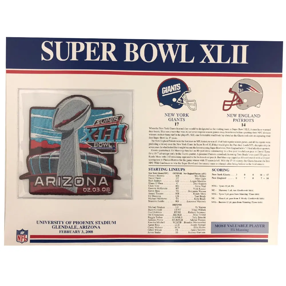 2008 NFL Super Bowl XLII Logo Willabee & Ward Patch (New England Patriots New York Giants)