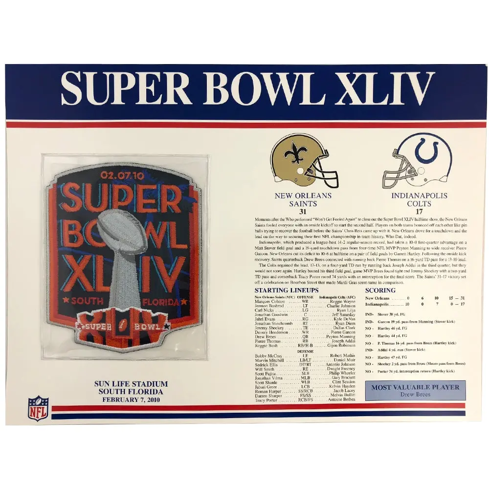 2010 NFL Super Bowl XLIV 44 Willabee & Ward Patch (New Orleans Saints Indianapolis Colts)