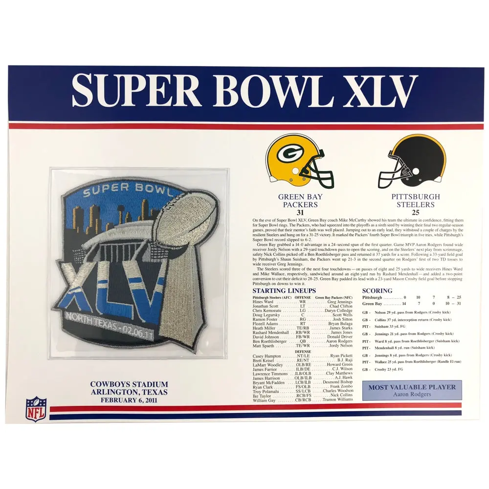 2011 NFL Super Bowl XLV 45 Willabee & Ward Patch (Green Bay Packers Pittsburgh Steelers)