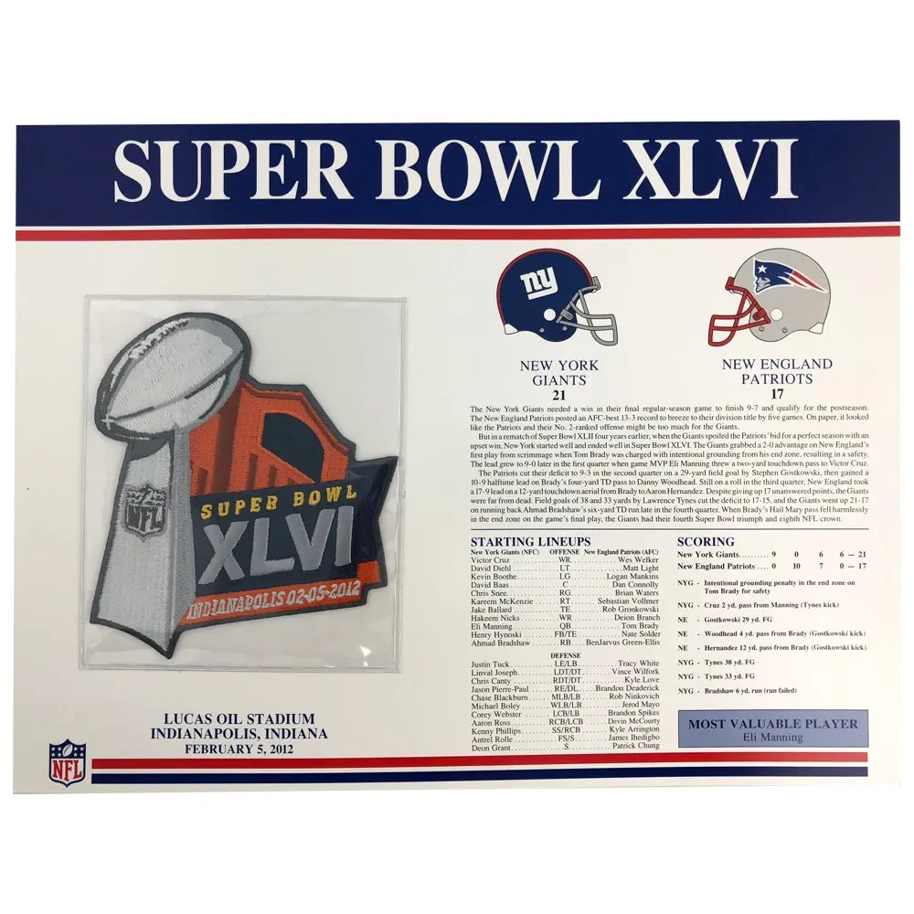 2012 NFL Super Bowl XLVI 46 Willabee & Ward Patch (New York Giants New England Patriots)