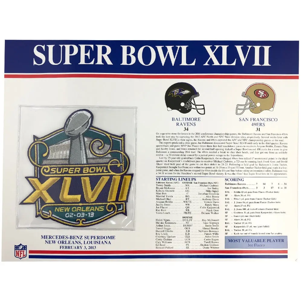 2013 NFL Super Bowl XLVII 47 Willabee & Ward Patch (Baltimore Ravens vs. San Francisco 49ers)
