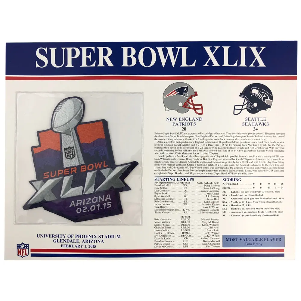 2015 NFL Super Bowl XLIX Willabee & Ward Patch (New England Patriots Seattle Seahawks)