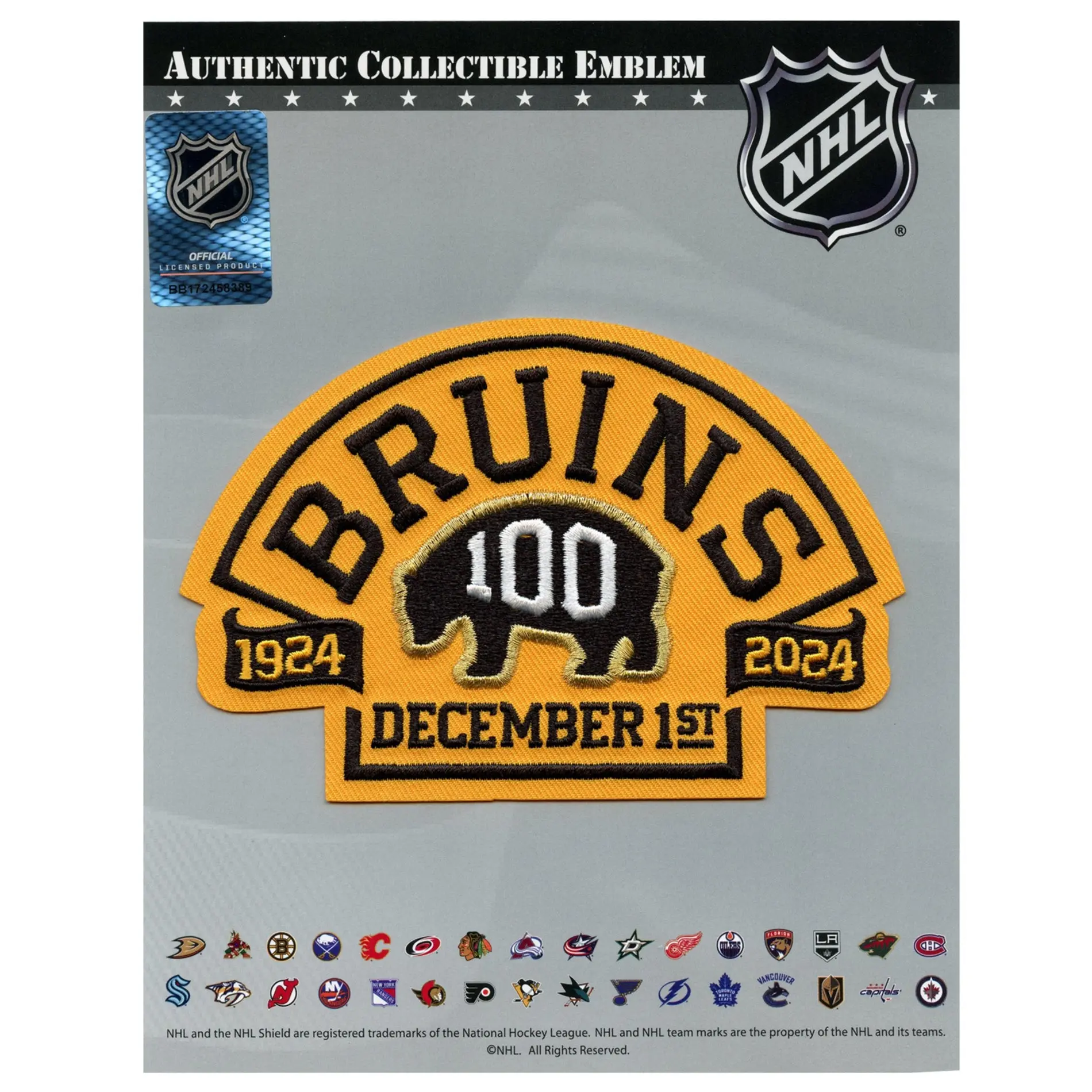 2024 Boston Bruins Team 100th Anniversary Game Jersey Patch Gold December 1, 2024