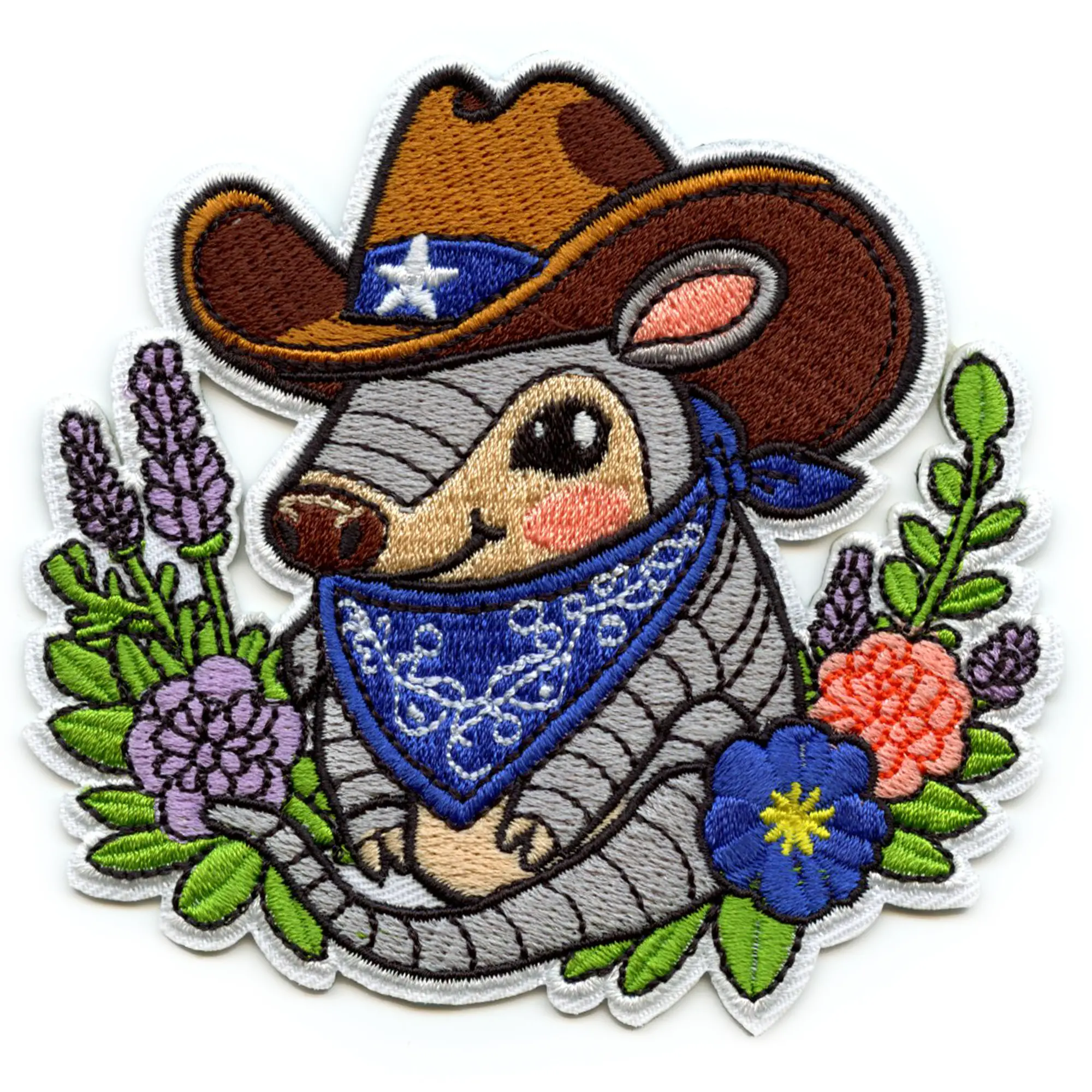 Cowboy Armadillo Patch Bluebonnets Bandana Embroidered Iron-On