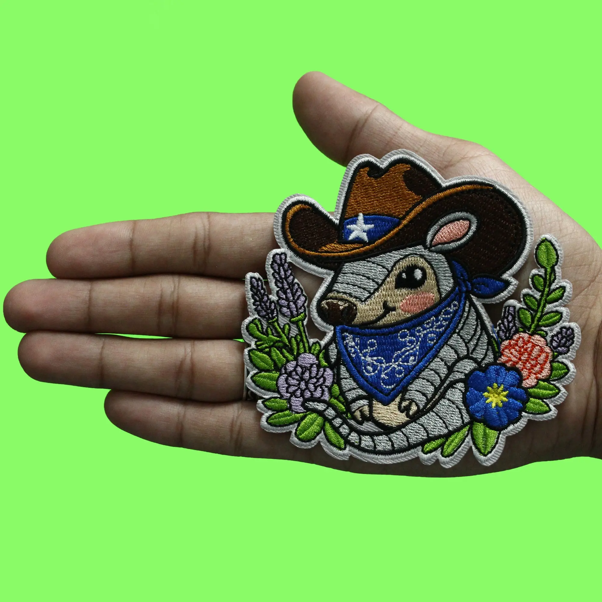 Cowboy Armadillo Patch Bluebonnets Bandana Embroidered Iron-On - Image 2