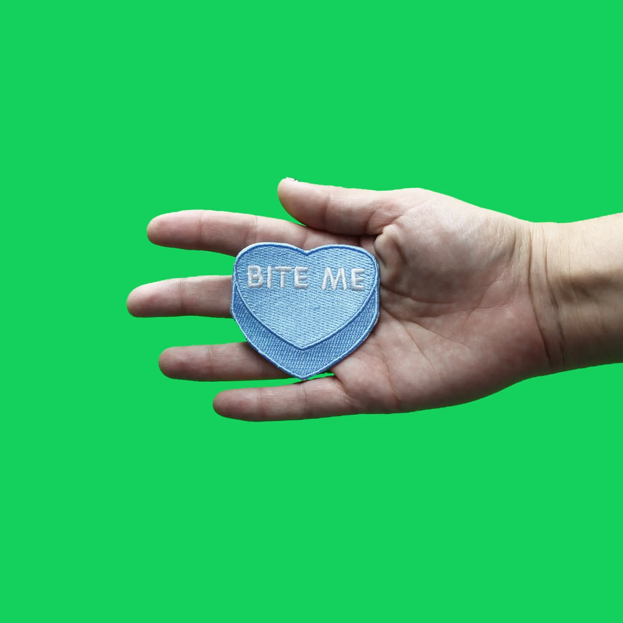 Bite Me Candy Heart Patch Valentines Day Blue Embroidered Iron On - Image 2