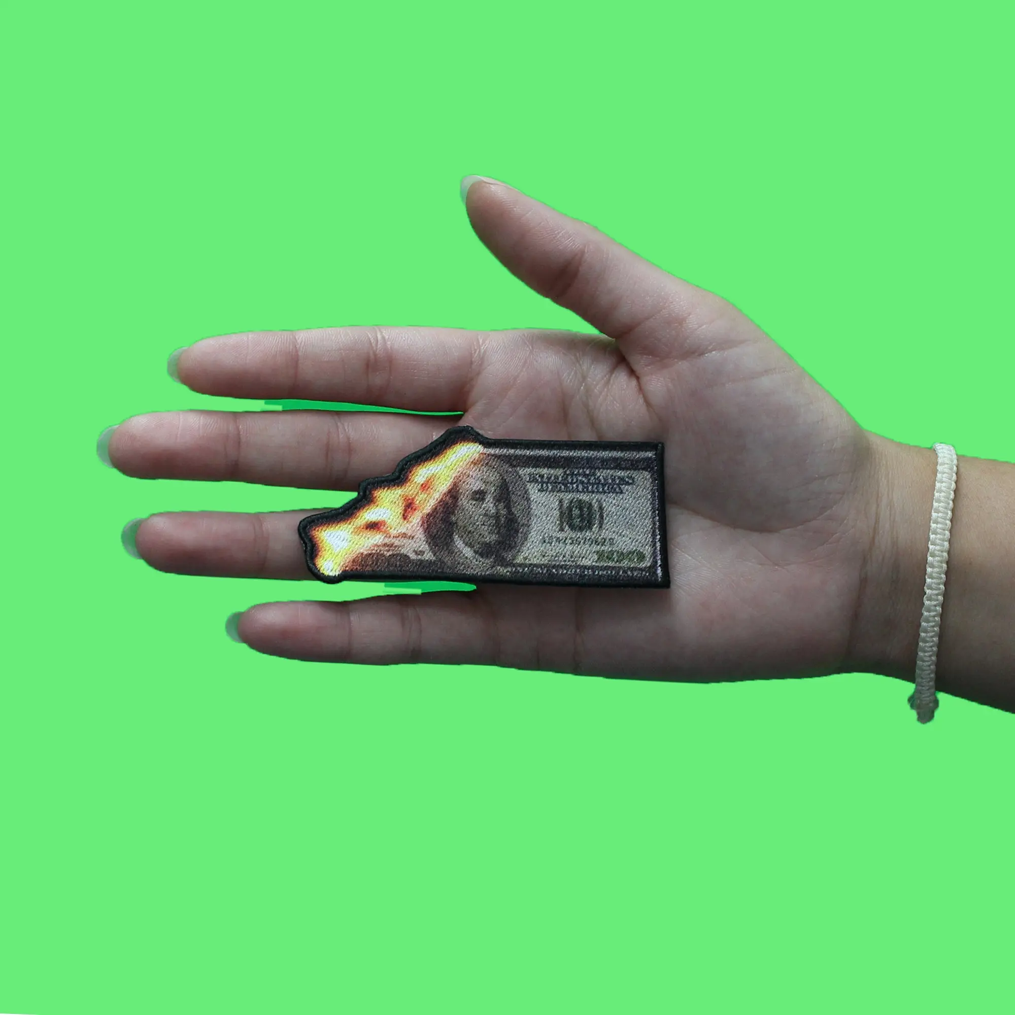 Burning Hundred Dollar Bill Patch Green Benjamin Money Embroidered Iron On - Image 2