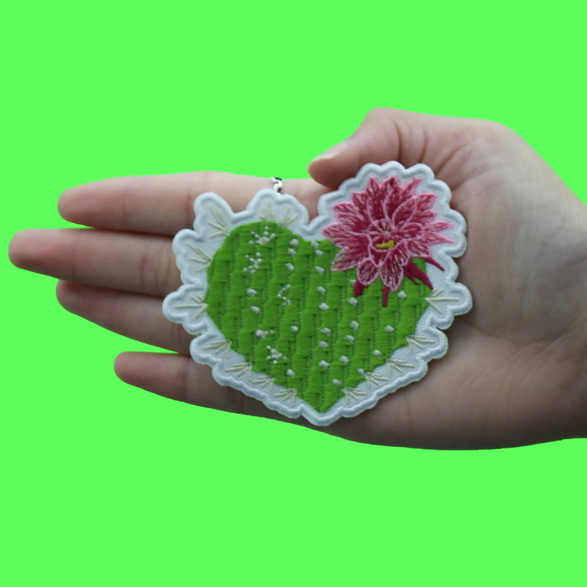 Cactus Heart Flower Patch Green Nopal Plant Embroidered Iron On - Image 2
