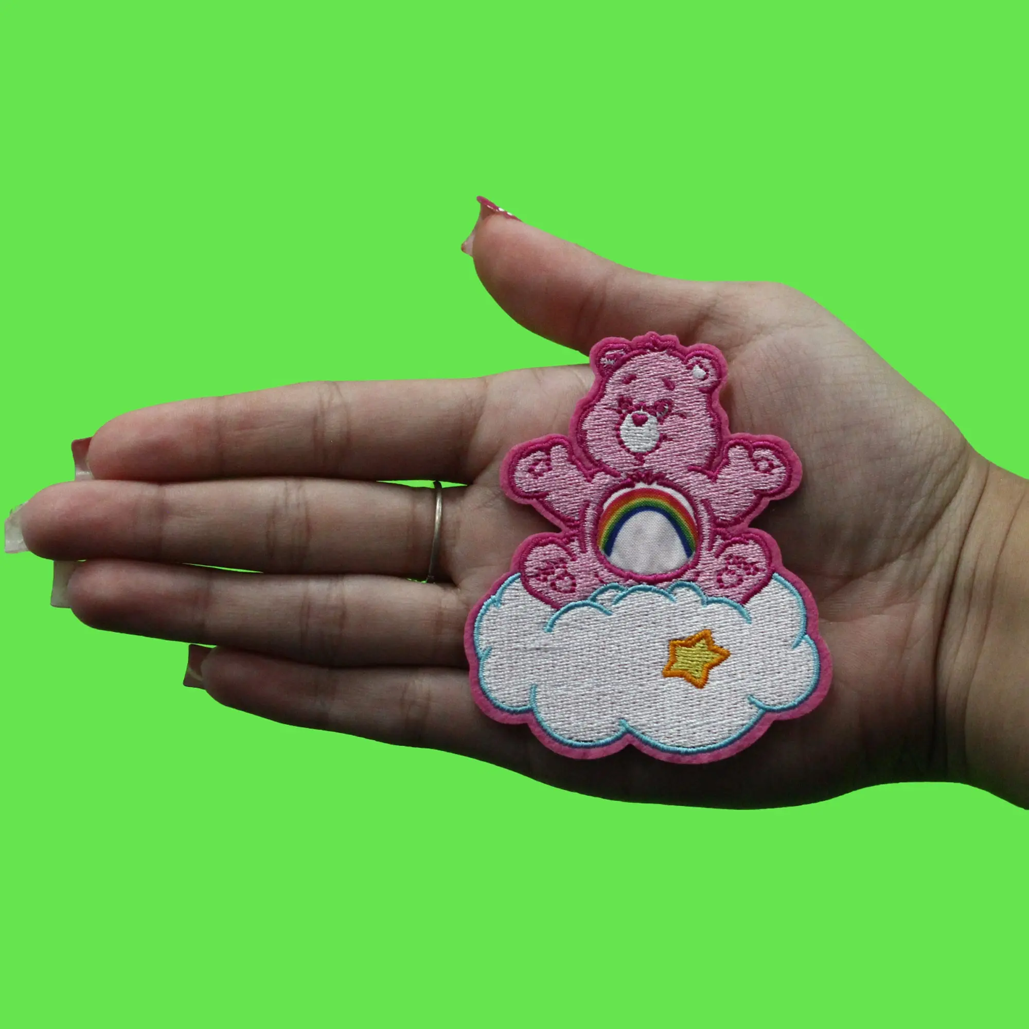 Cheer Care Bear Pink Patch Rainbow Kids Cartoon Embroidered Iron On - Image 3