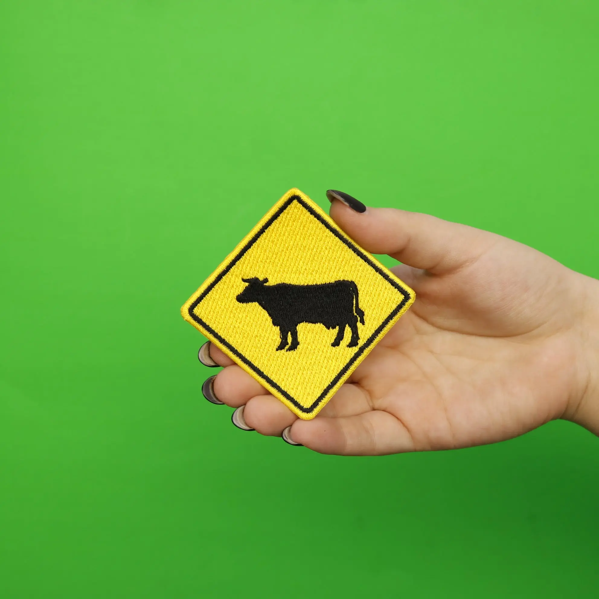 Cow Crossing Yellow Street Sign Embroidered Iron On Patch - Image 2