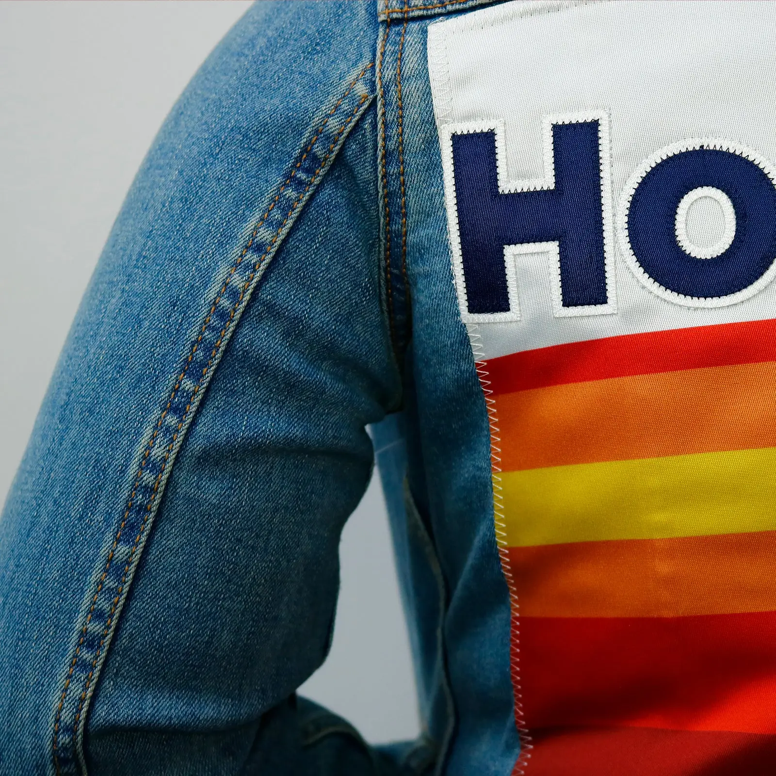 Custom Houston Baseball Team Retro Rainbow Light Denim Jacket For Women - Image 3