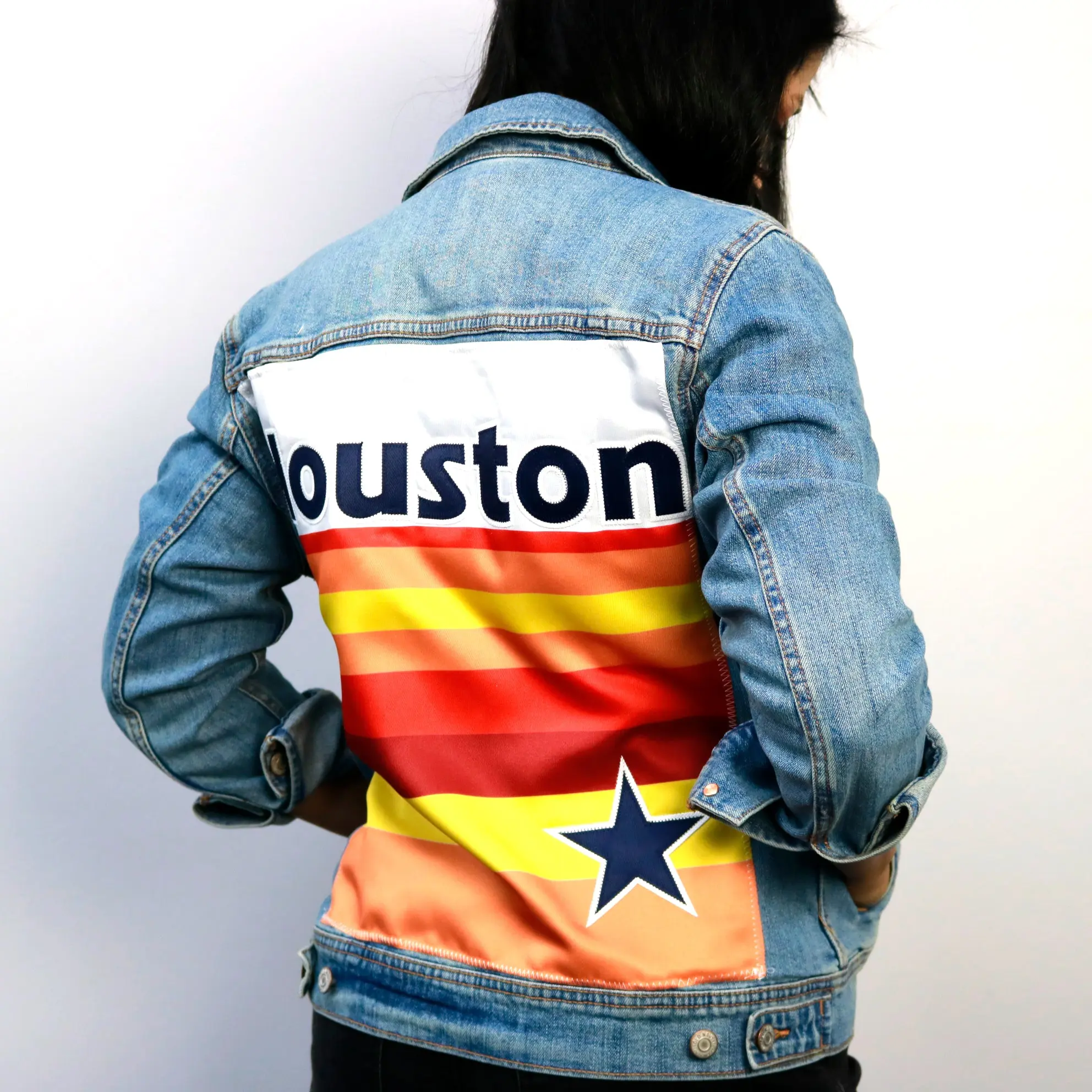 Custom Houston Baseball Team Retro Rainbow Light Denim Jacket For Women - Image 6