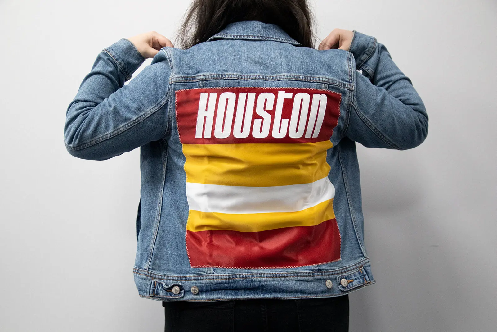 Custom Houston Basketball Team Retro Rainbow Light Denim Jacket For Women - Image 3