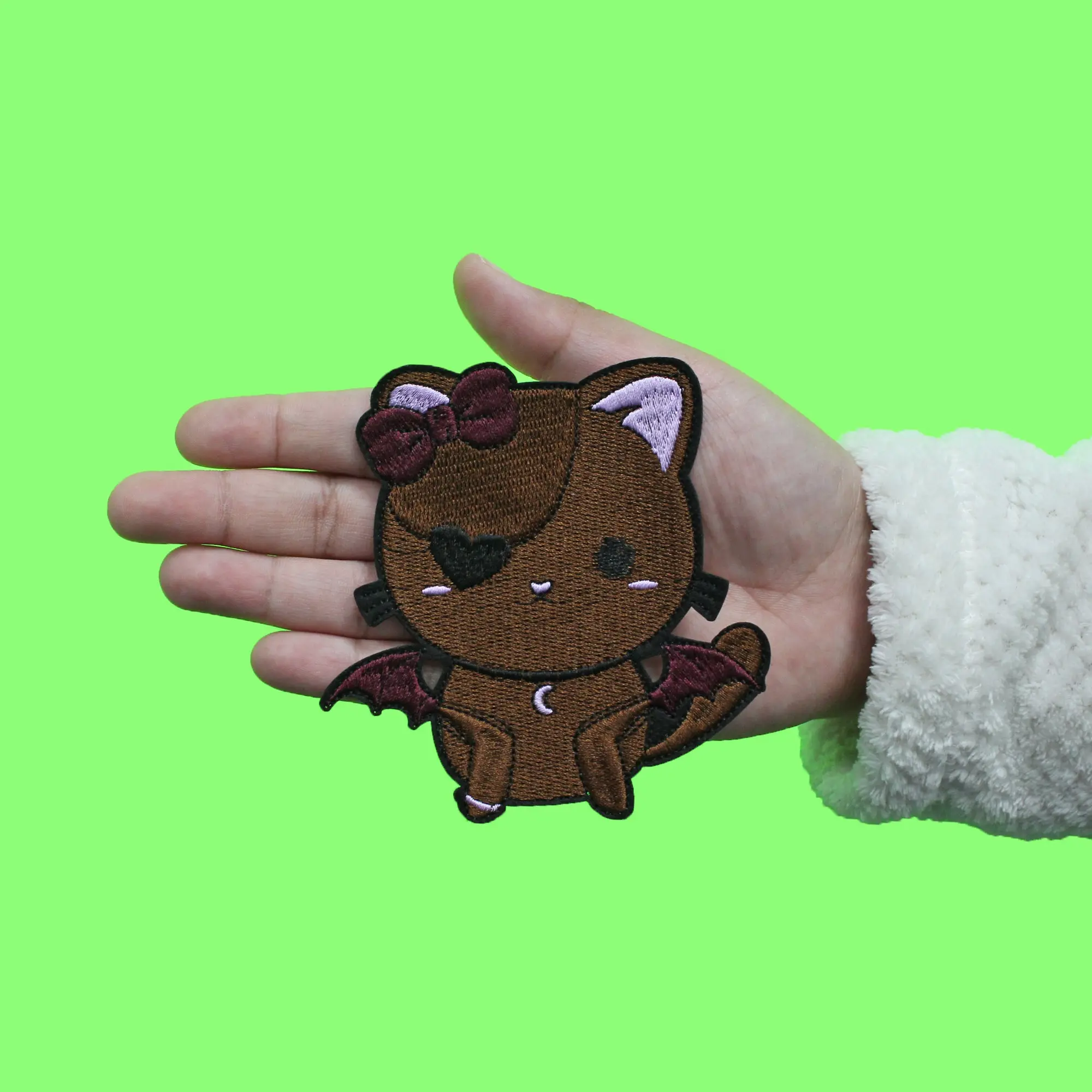 Cute Brown Bat Cat Patch Heart Eye Pink Embroidered Iron On - Image 2