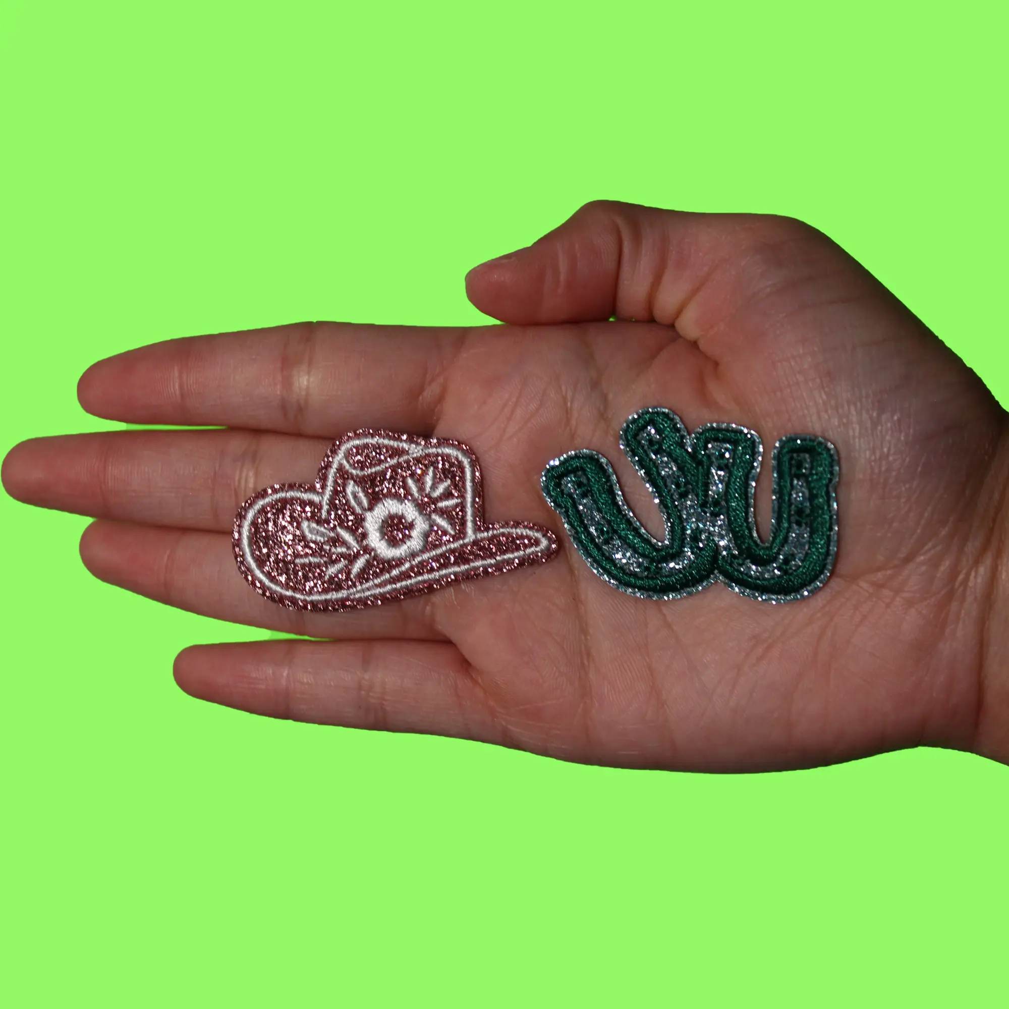 Cutesy Glitter Cowgirl Patch Hat Horseshoe Set Embroidered Iron On - Image 2