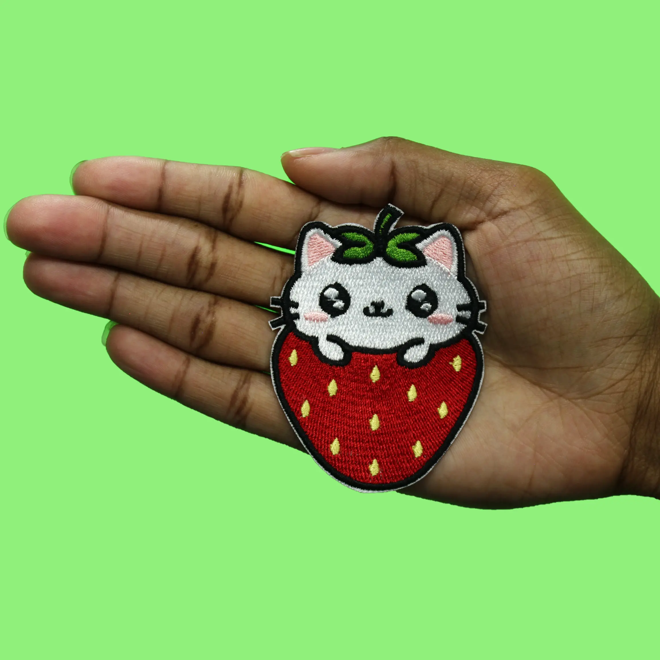 Cutesy Strawberry Kitty Patch Lovely Kawaii Feline Embroidered Iron On - Image 2