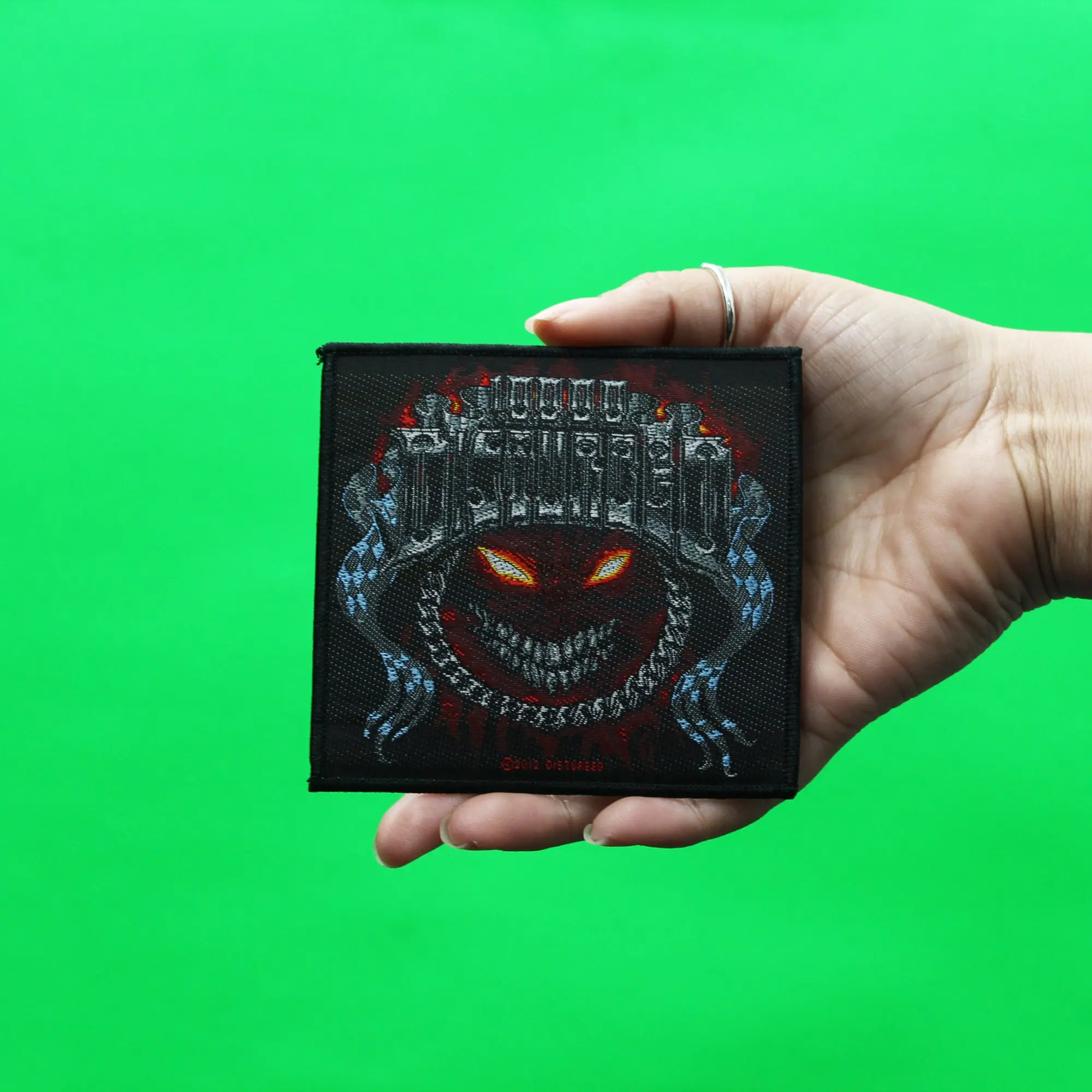 Disturbed Chrome Smiley Patch Band Logo Flames Woven Sew On - Image 2