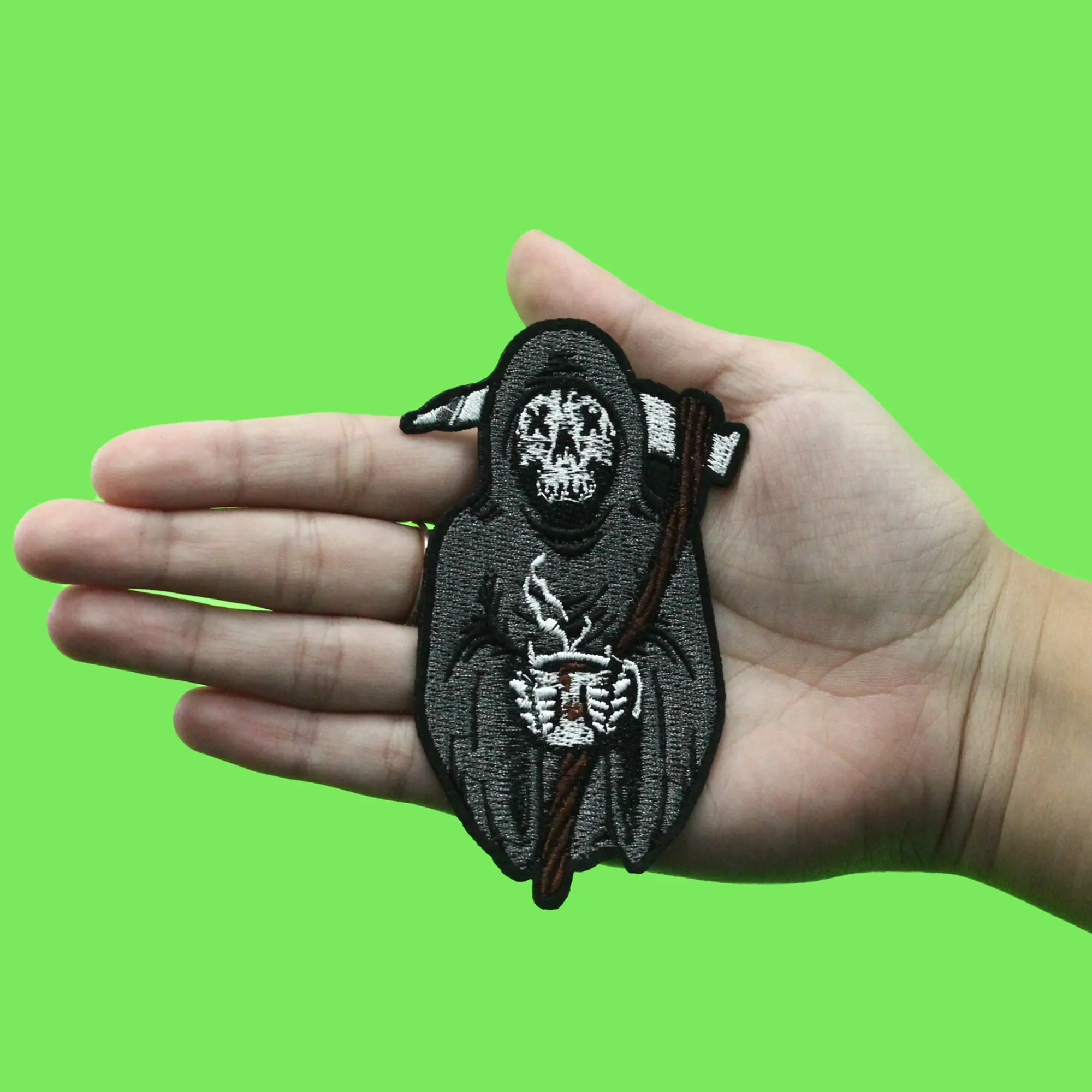 Grim Reaper with Hot Coffee Patch Death Skull Embroidered Iron On - Image 2