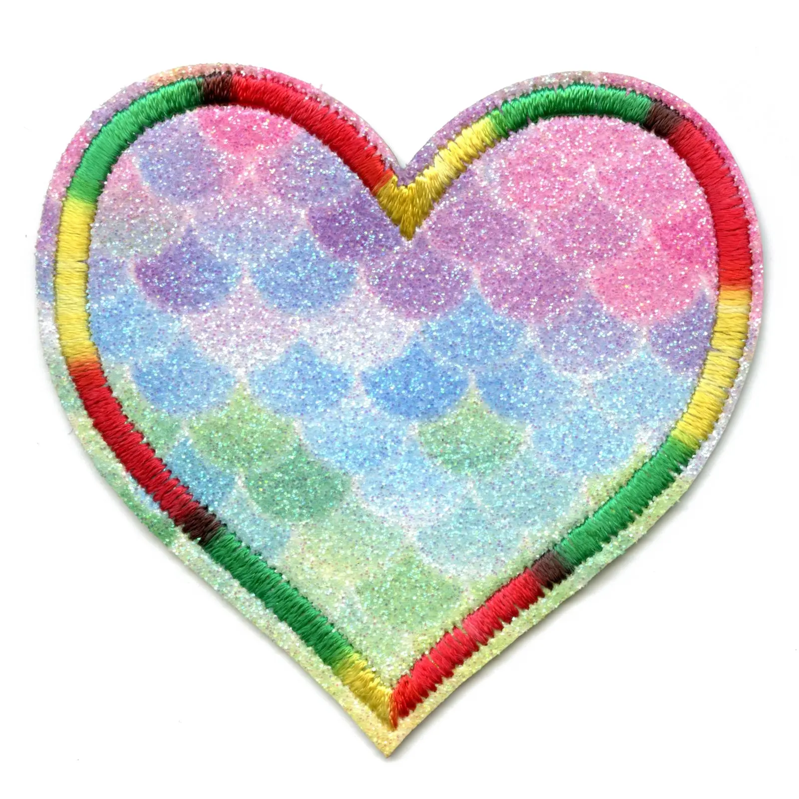 Heart With Light Rainbow Mermaid Scales & Colorful Border Iron On Glitter Sparkle Patch Bling