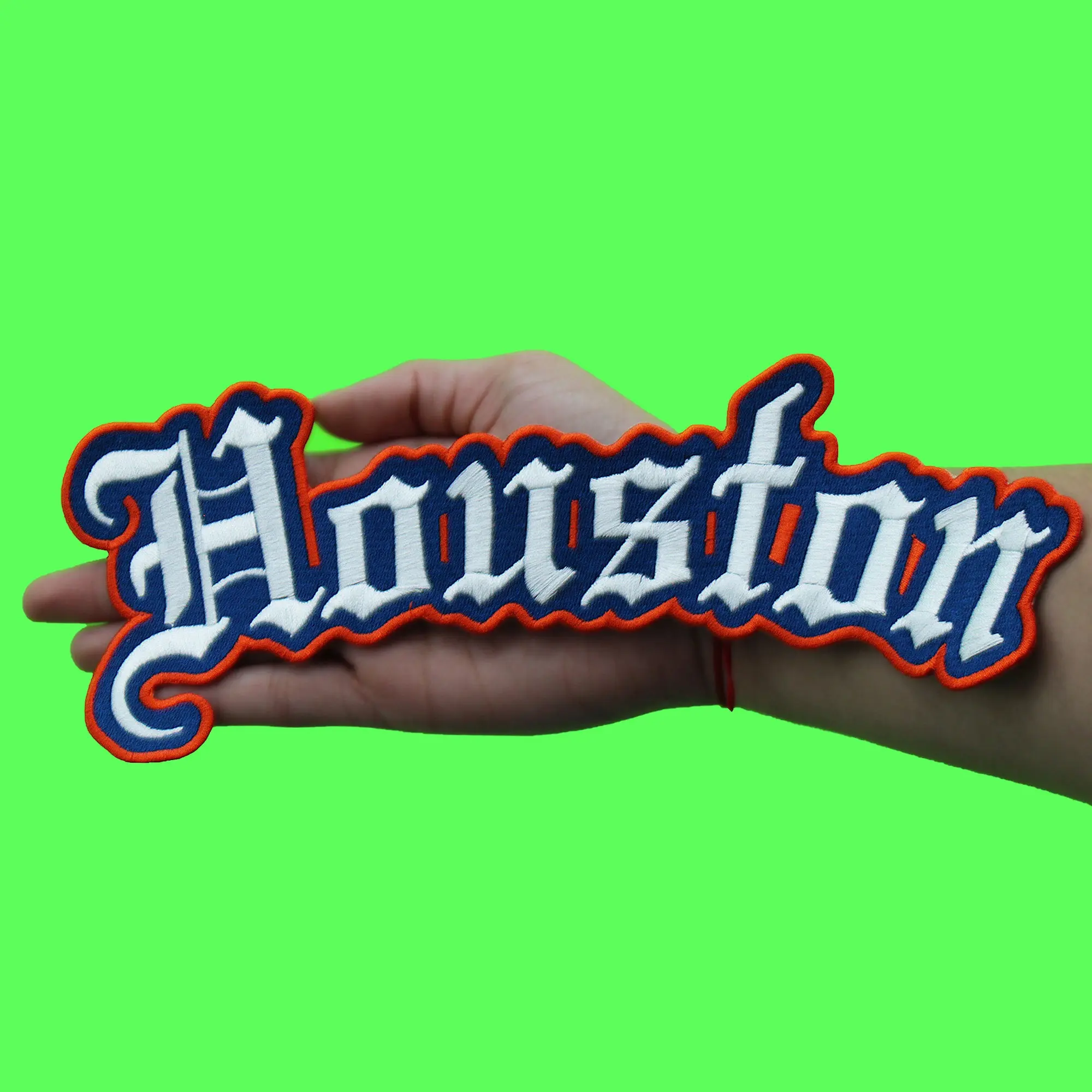 Houston Old English Patch XL Script Logo Embroidered Iron on Navy Orange - Image 2