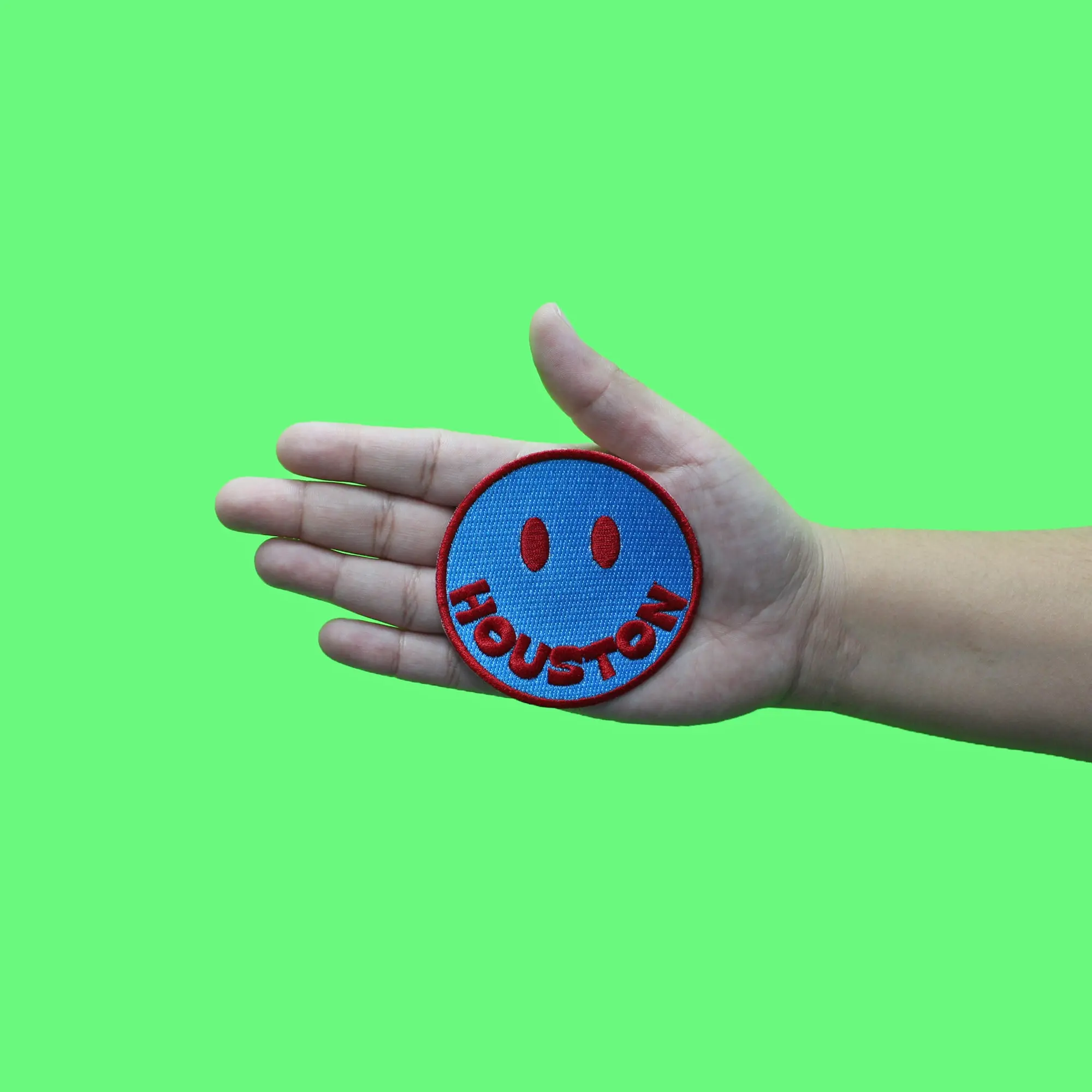 Houston Smiley Face Patch Blue/Red Embroidered Iron on - Image 2
