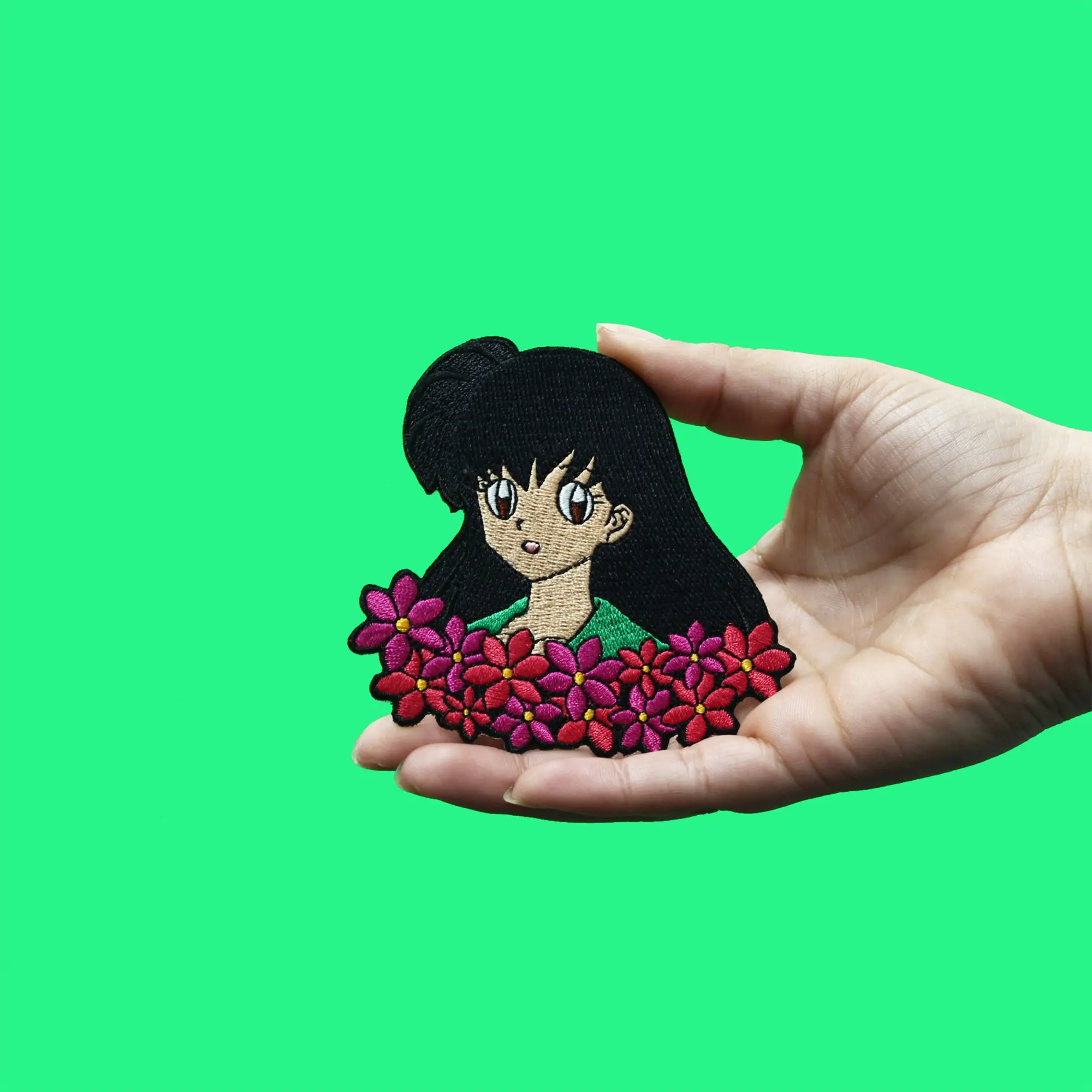 Inuyasha Kagome Patch Pink Flowers Headshot Embroidered Iron On - Image 2