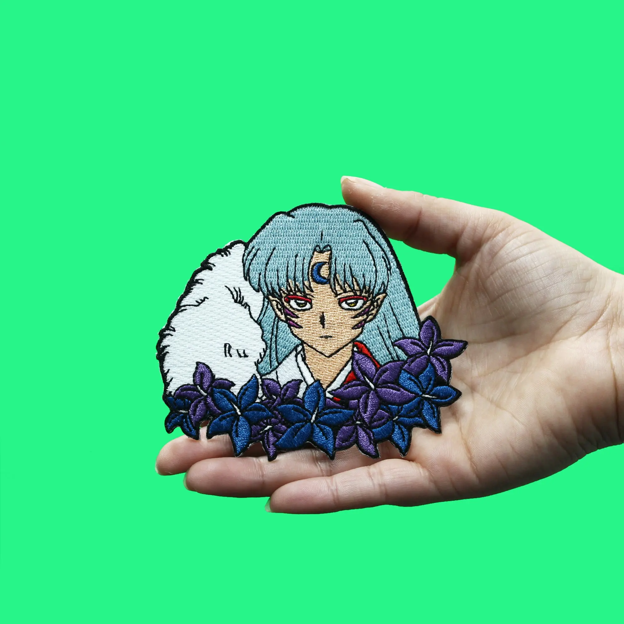 Inuyasha Sesshomaru Patch Purple Flowers Headshot Embroidered Iron On - Image 2