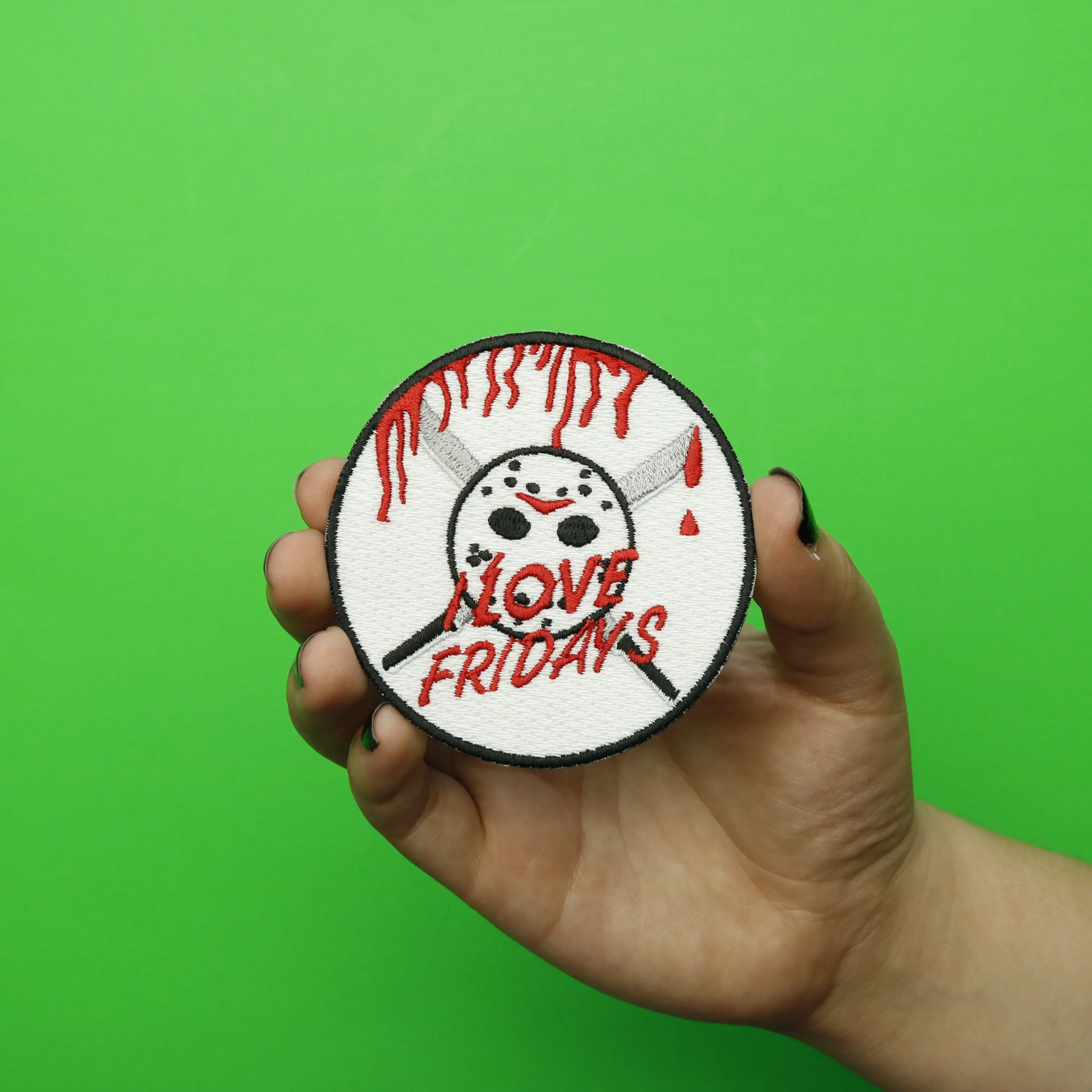 Jason "I LOVE FRIDAYS" Hockey Mask And Machetes Embroidered Iron On Patch - Image 2