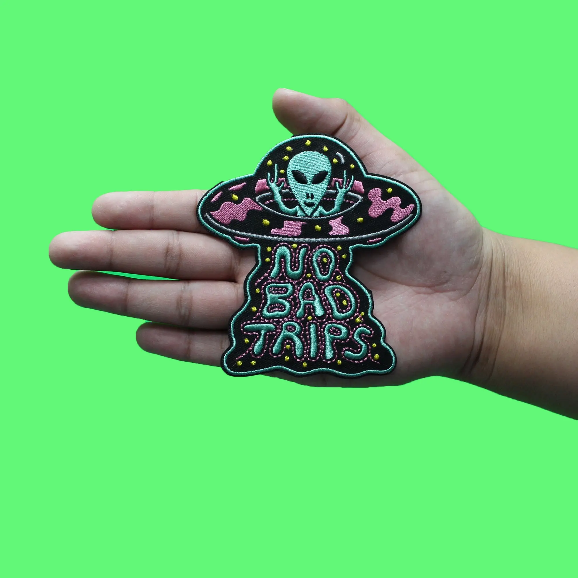 Killer Acid No Bad Trips Patch Trippy Alien UFO Embroidered Iron On Patch - Image 2