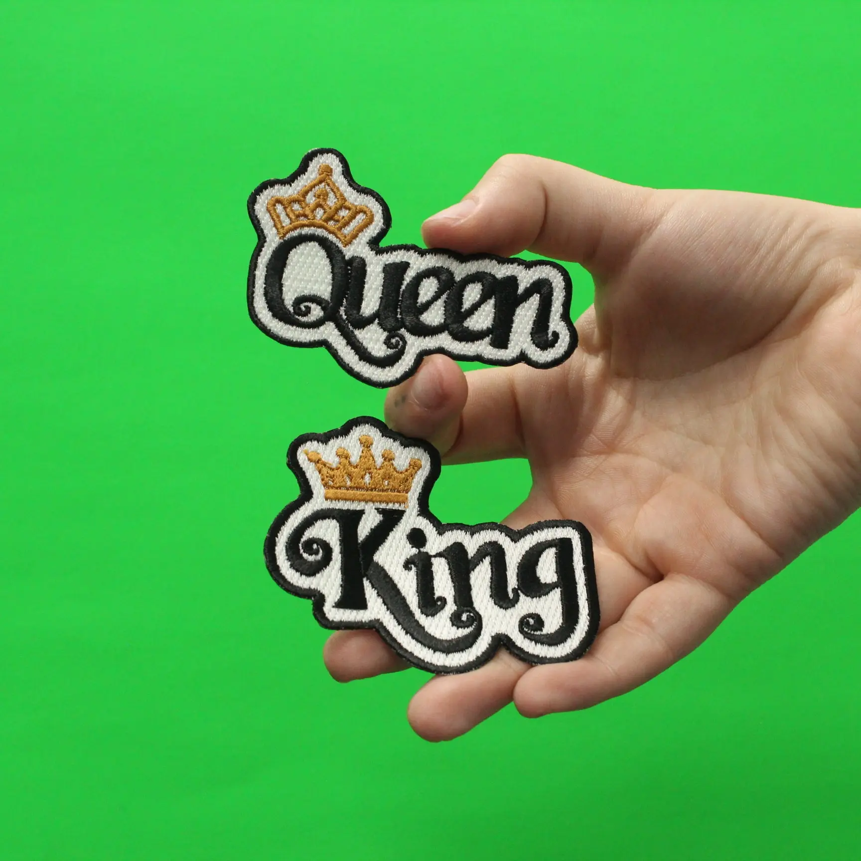 King and Queen Script Set with Gold Crown Embroidered Iron on Patches - Image 2
