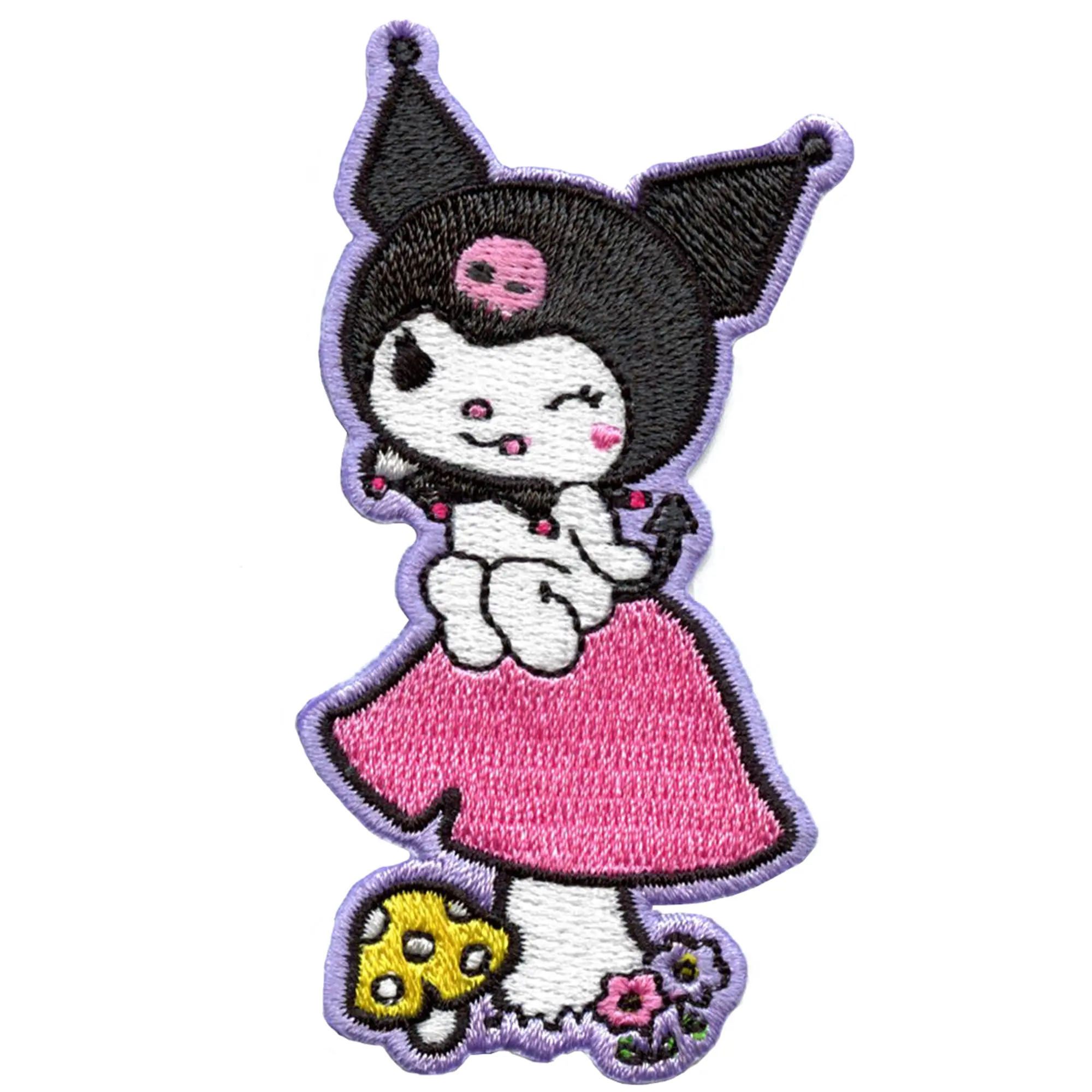 Kuromi Sitting on Mushroom Patch Hello Kitty Cartoon Embroidered Iron-On