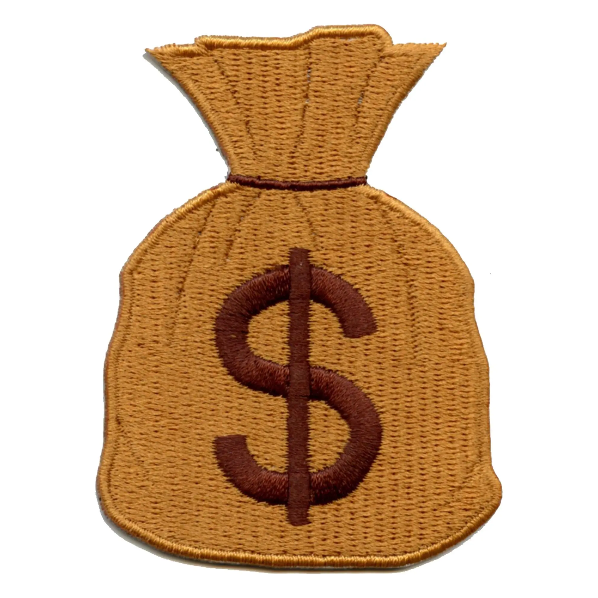 Money Bag Dollar Sign Brown Iron On Embroidered Patch - LARGE