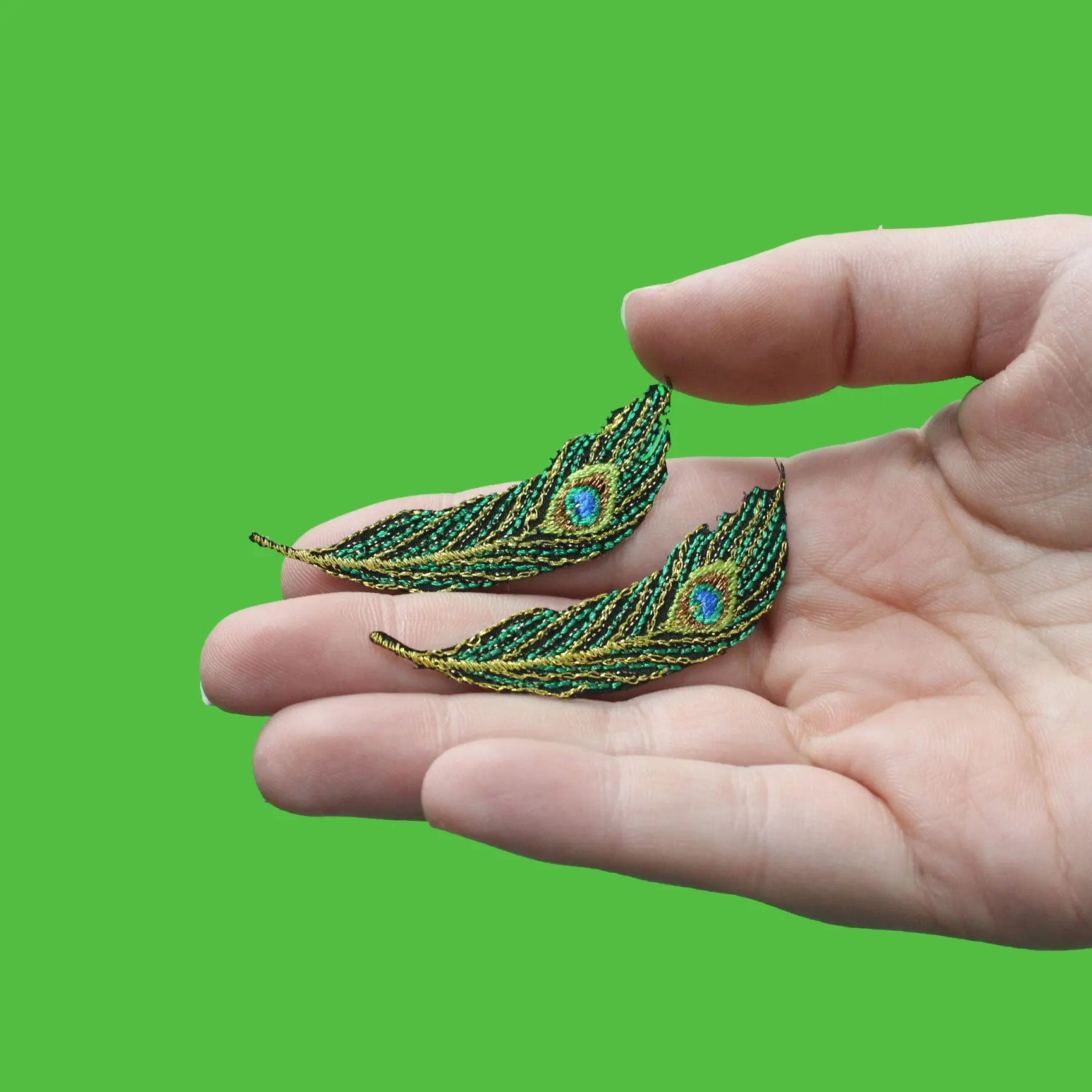Peacock Feather Medium Metallic Green Combo Embroidered Iron On Patches - Image 2