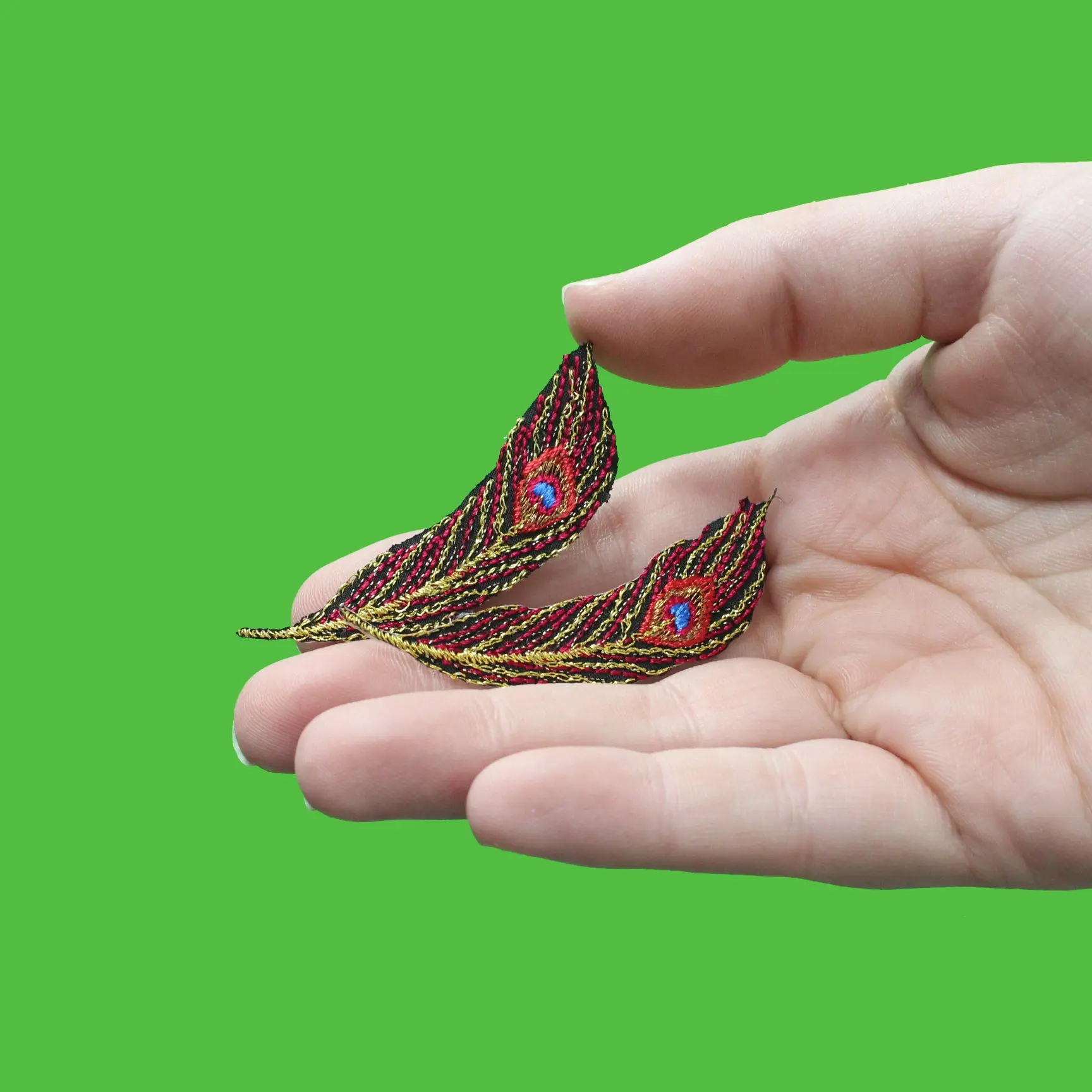 Peacock Feather Medium Metallic Red Combo Embroidered Iron On Patches - Image 2