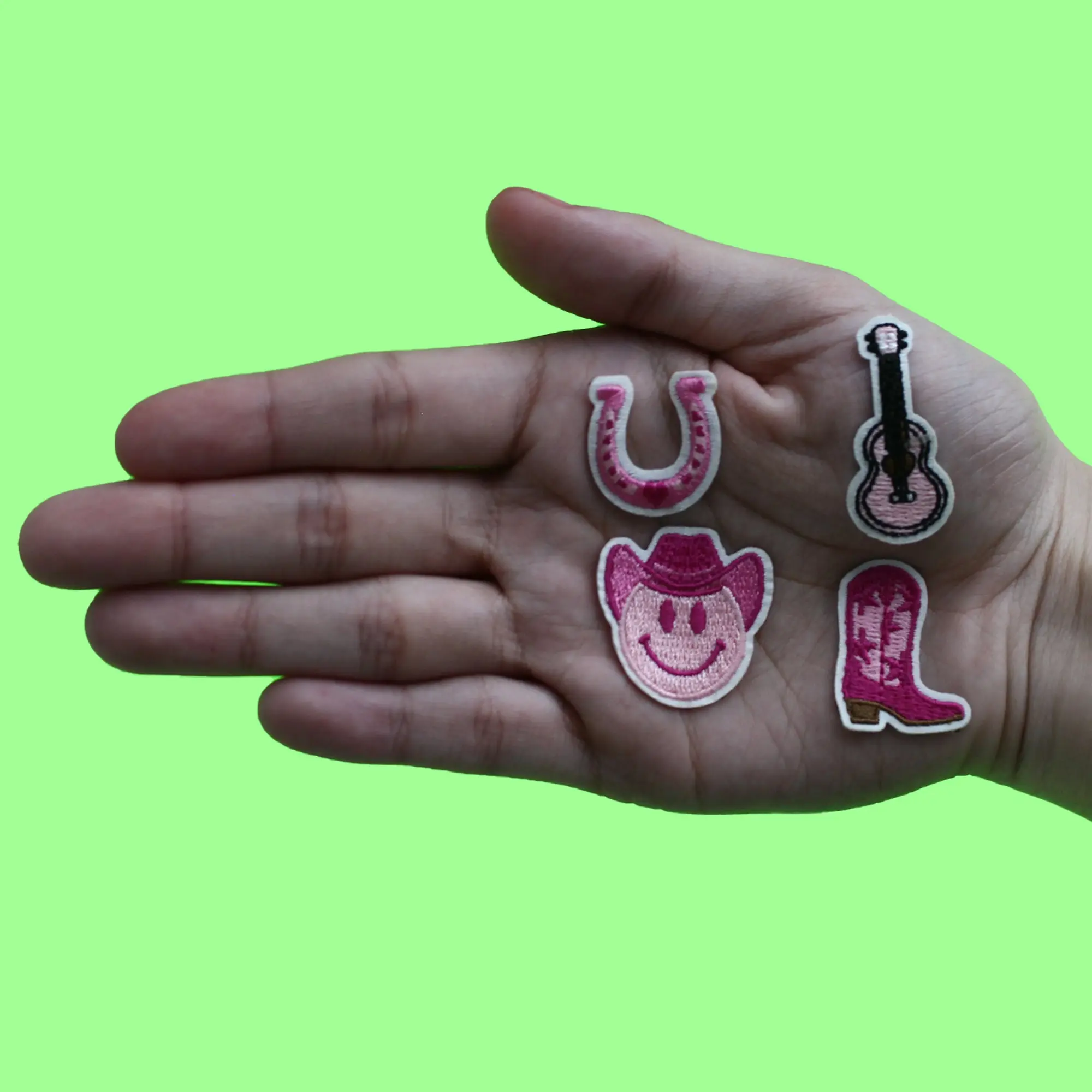 Pink Cowgirl 4 Pack Mini Set Patch Boots Guitar Smiley Embroidered Iron On - Image 2