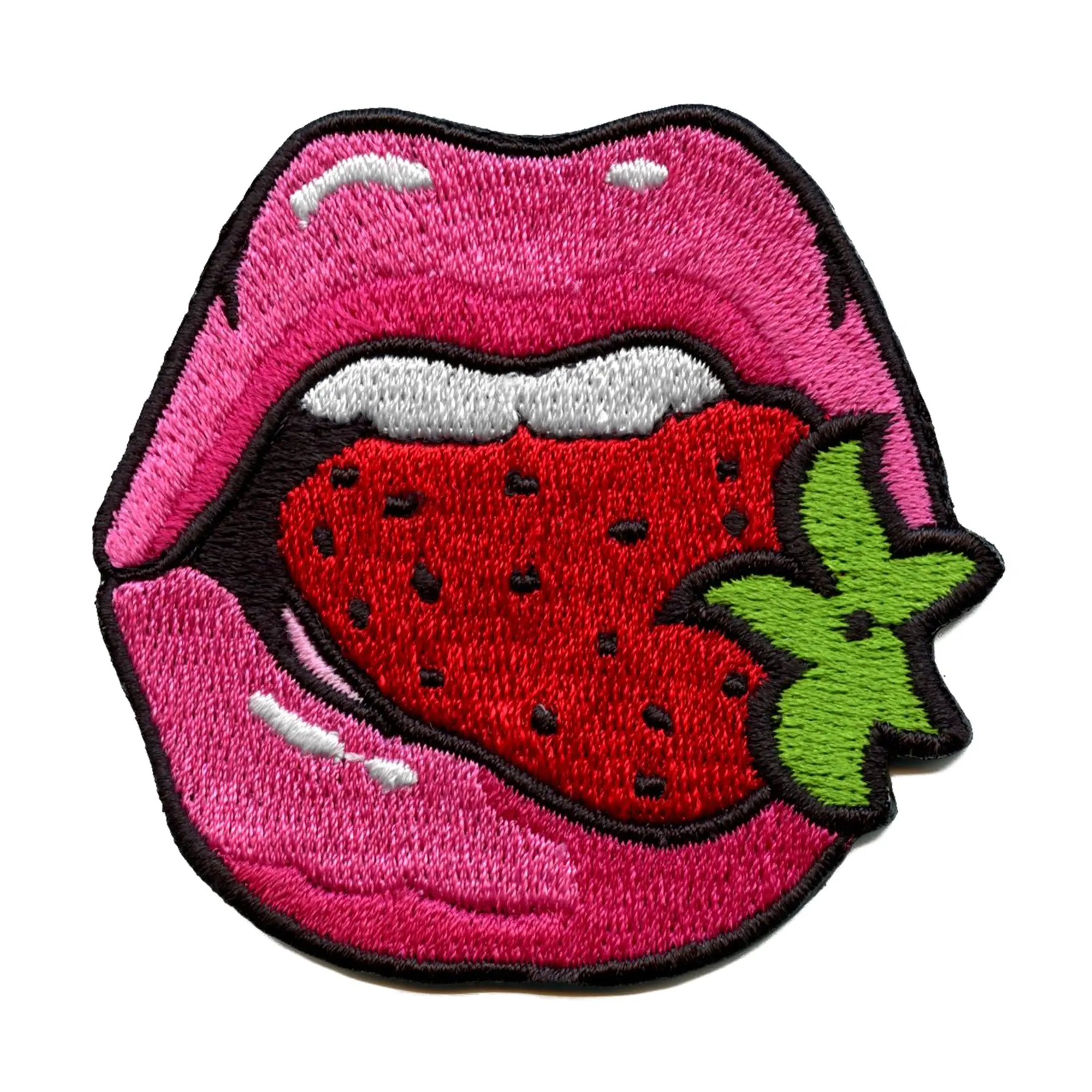 Pink Lips Biting Strawberry Patch Healthy Fruit Embroidered Iron On