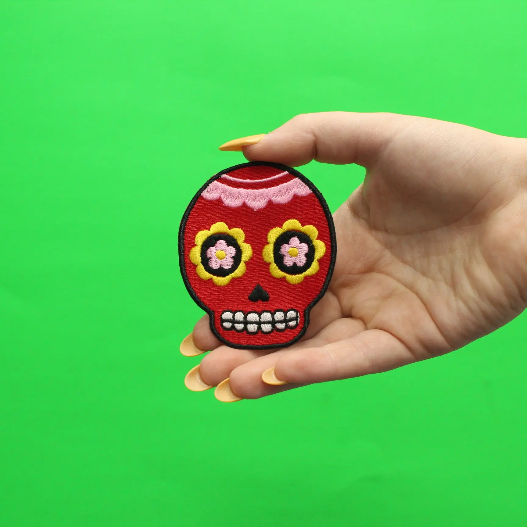 Red Floral Sugar Skull Iron On Embroidered Patch - Image 2