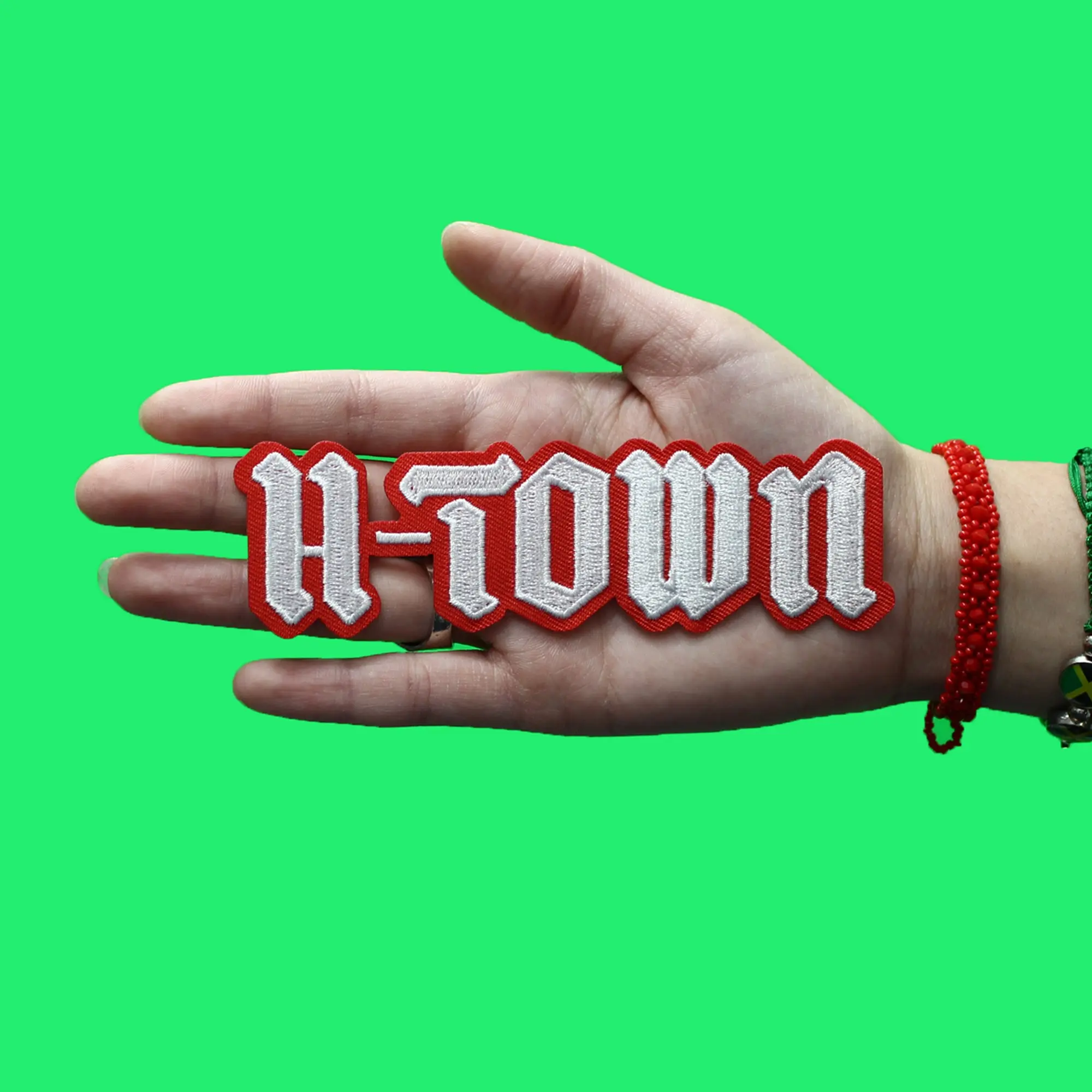 Red H-Town Houston Old English Patch Script Logo Embroidered Iron on - Image 2