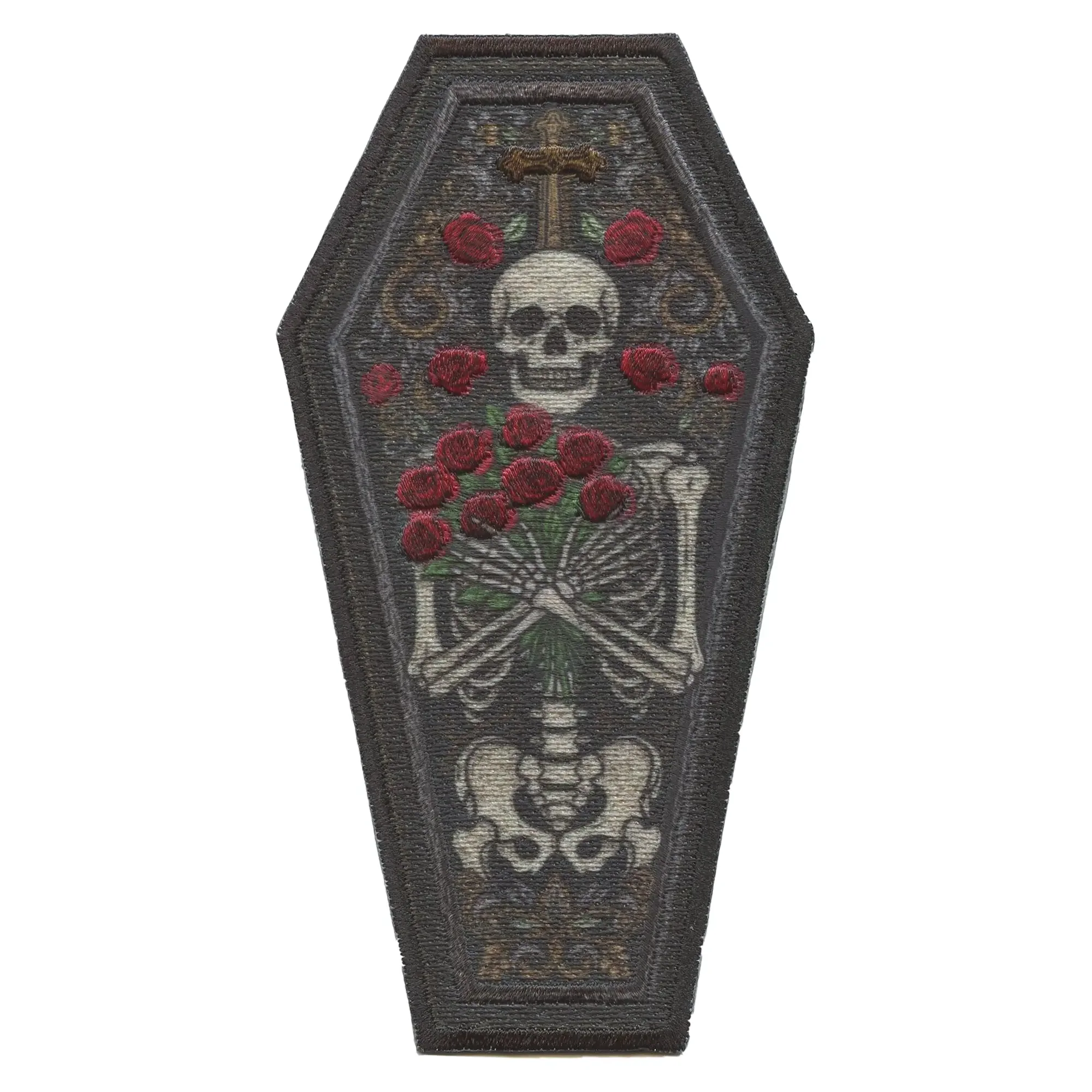 Skeleton Laying in Coffin Patch Roses Bones Body Sublimated Embroidered Iron On